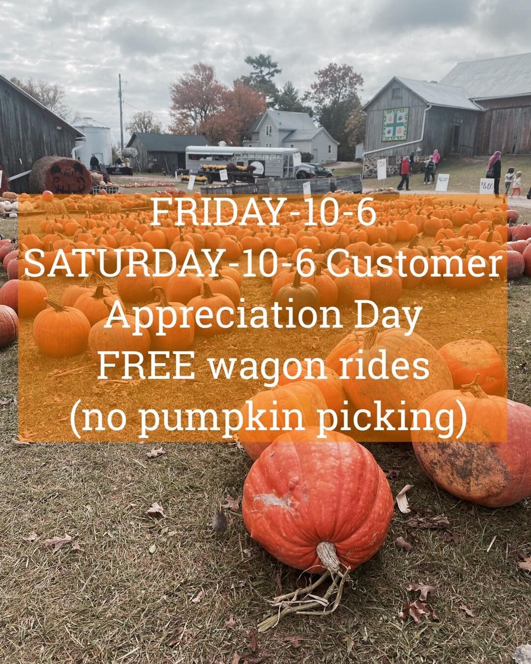 Reminder of our schedule this week! Not open today, Thursday. These are our final two days of our pumpkin season!

www.cuffarms.com/pumpkins