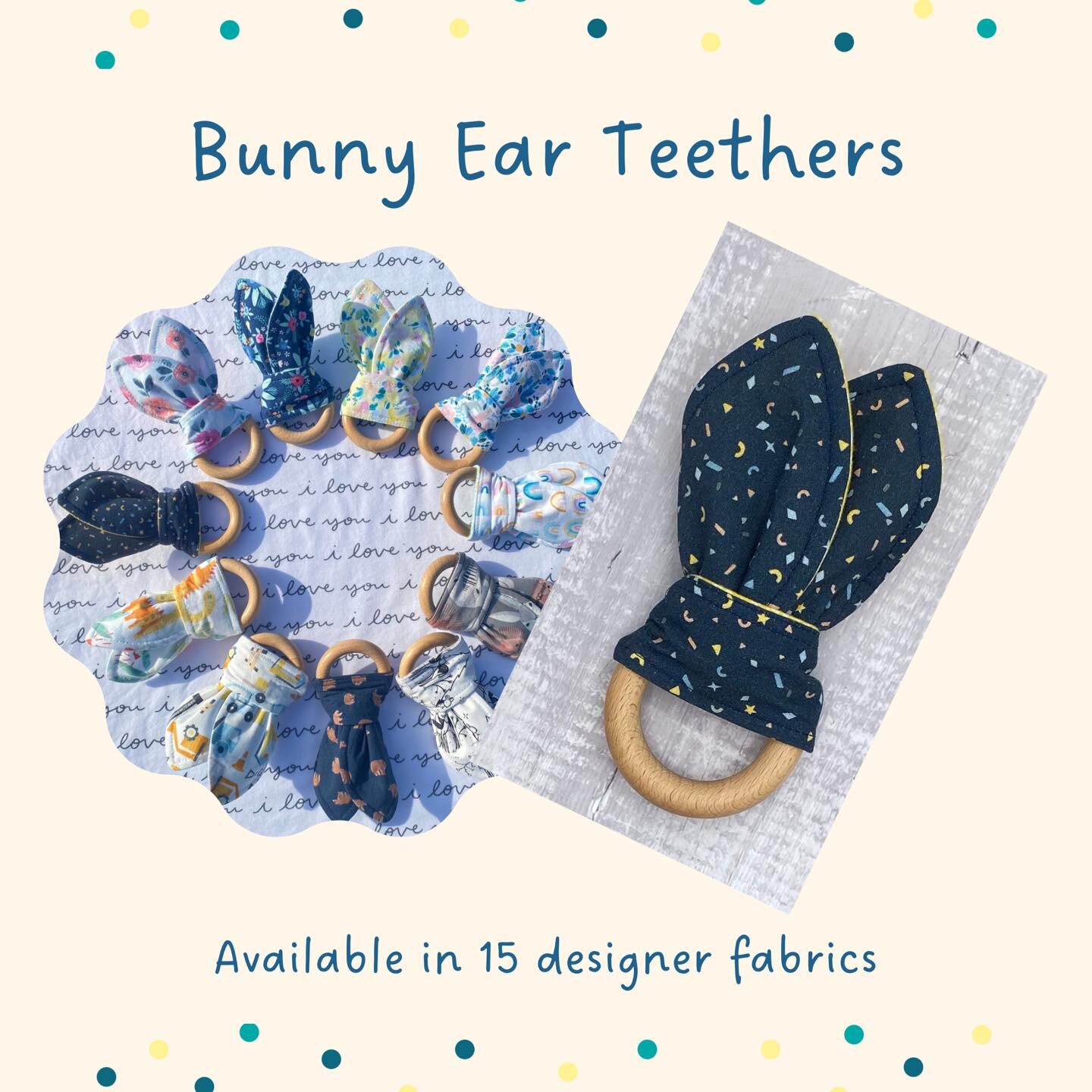 Our bunny ear teethers are made with cotton fabric on one side (check out all of the cute prints on the last slide!) and absorbent flannel on the backside 

The &lsquo;ears&rsquo; are removable and can be machine washed and dried &mdash;- the flannel