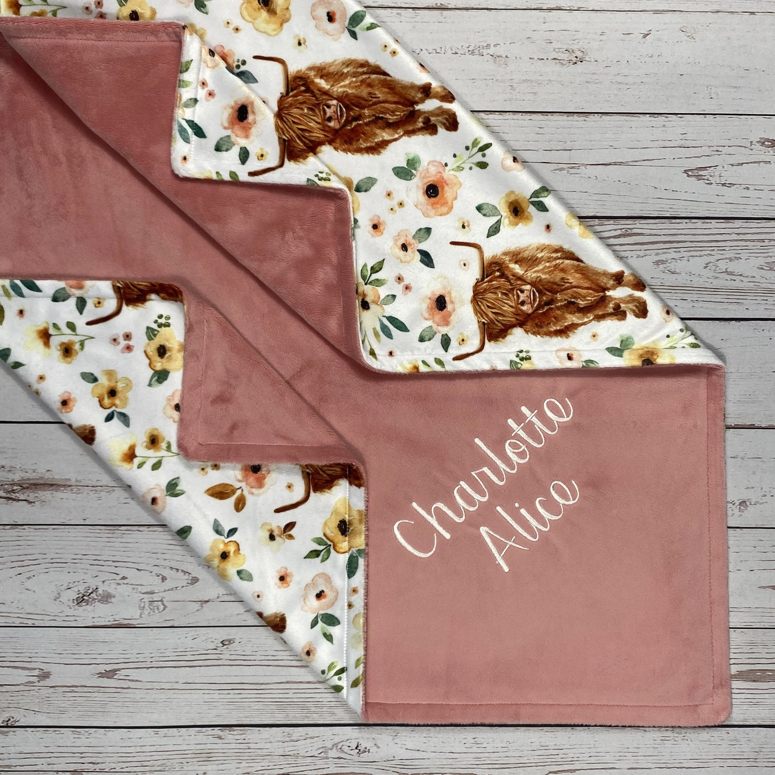 Personalized Minky Blanket with Highland Cows and Flowers (Copy)
