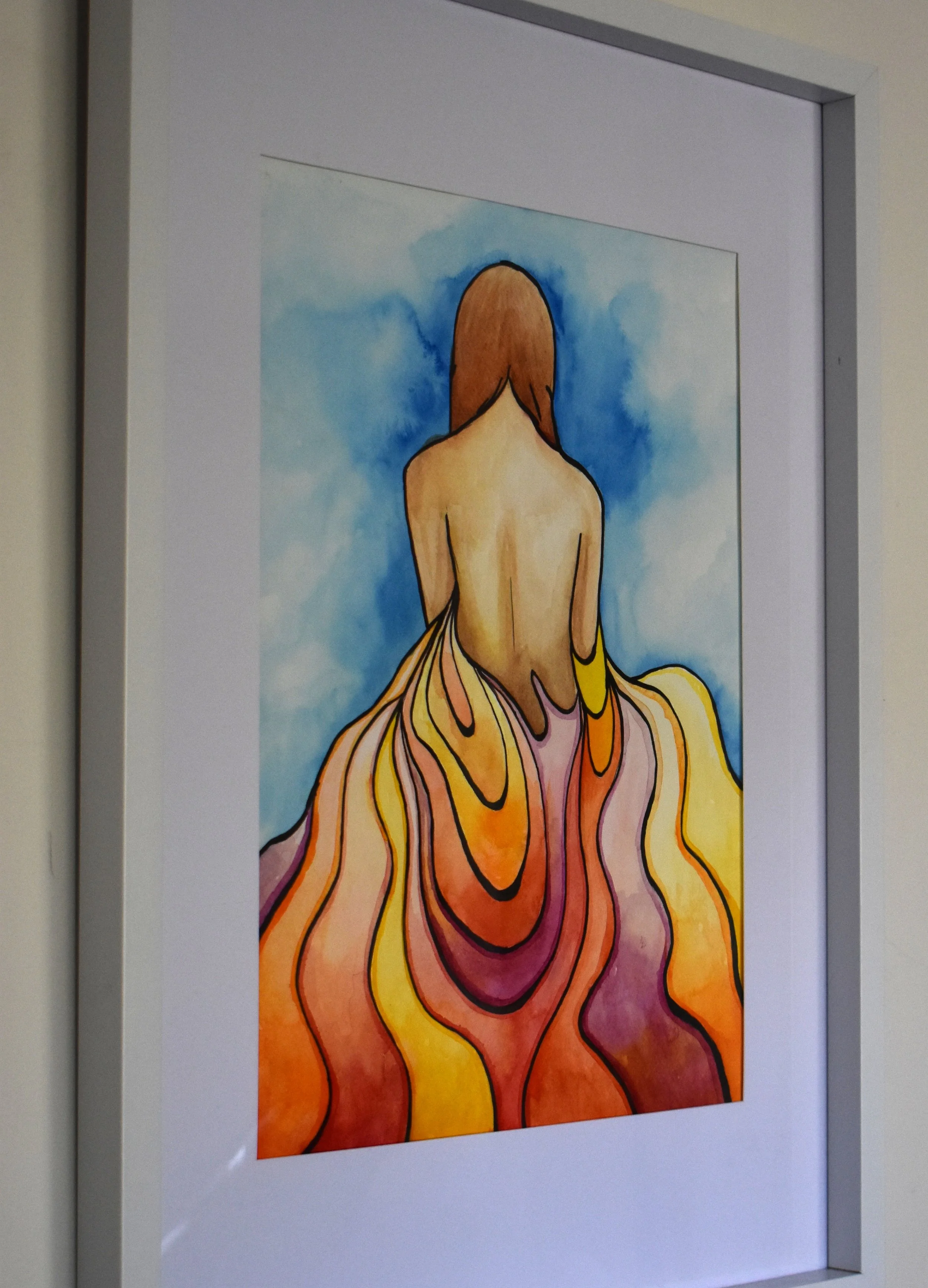 original watercolour painting of the back of a woman in a dress (side view)