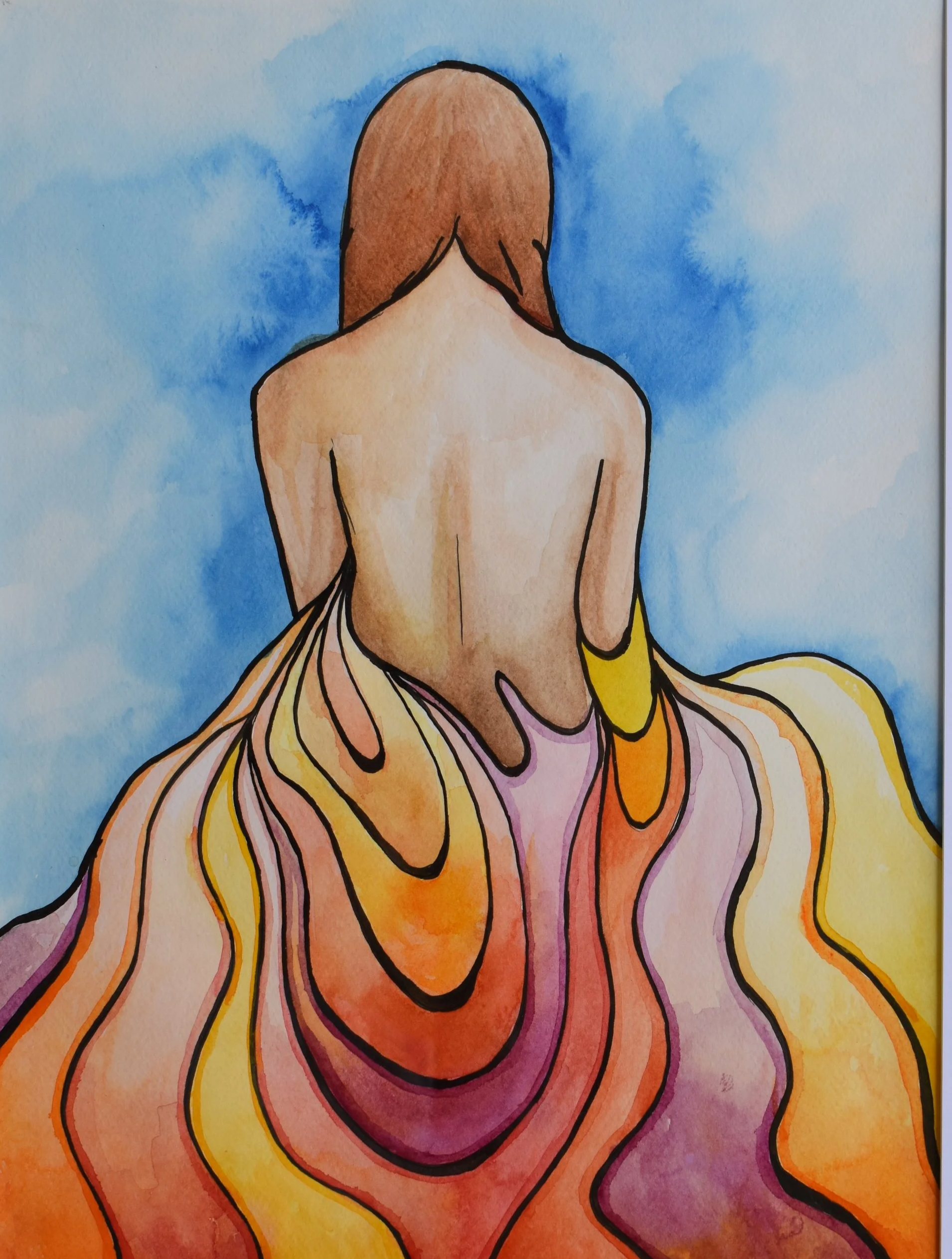 original watercolour painting of the back of a woman in a dress