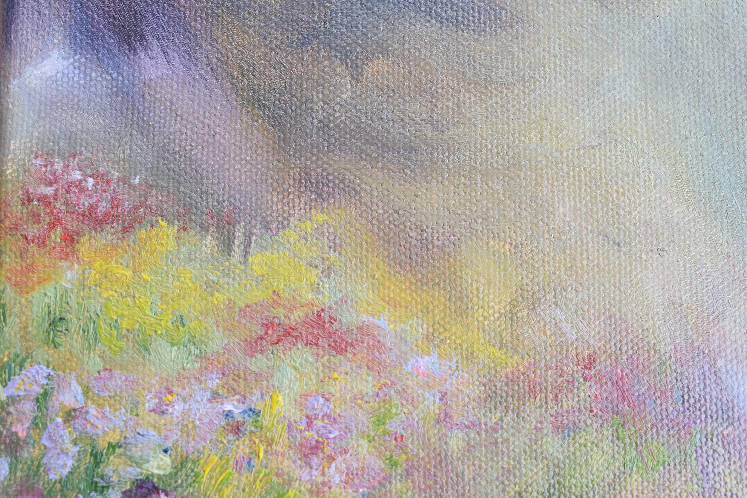 original oil painting of flowers in a storm detail