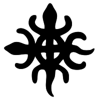 A black silhouette of a symmetrical, abstract snowflake or star design with rounded and curved extensions.