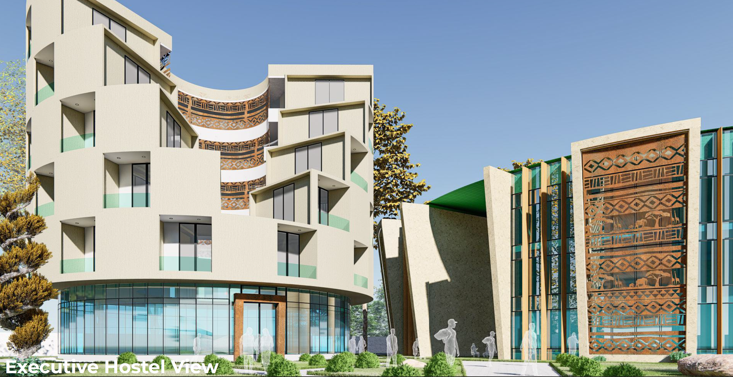 Modern architectural buildings with curved, textured exteriors and decorative wooden panels, surrounded by trees and landscaped greenery. People are walking around the area.