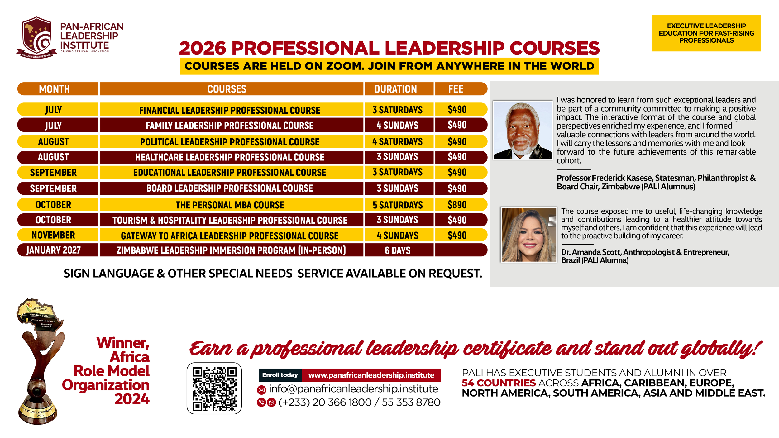 A detailed poster for the Pan-African Leadership Institute showcasing professional leadership courses for 2026, including course names, durations, and fees, with images of people and trophies, and contact information.