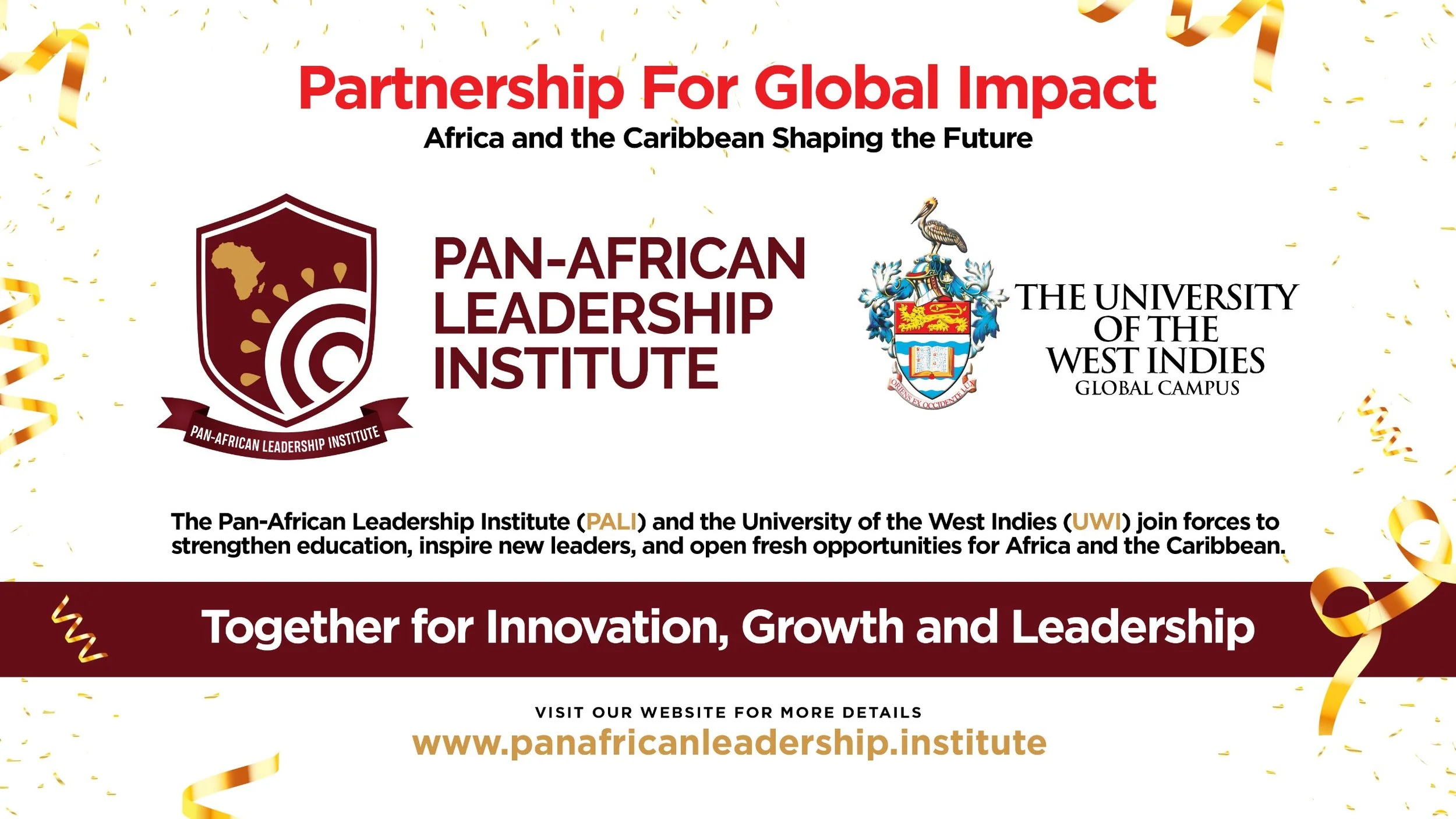 Graphic promoting Partnership for Global Impact focused on Africa and the Caribbean, featuring logos of the Pan-African Leadership Institute and the University of the West Indies, with celebratory gold ribbons and confetti, and website link www.panaf