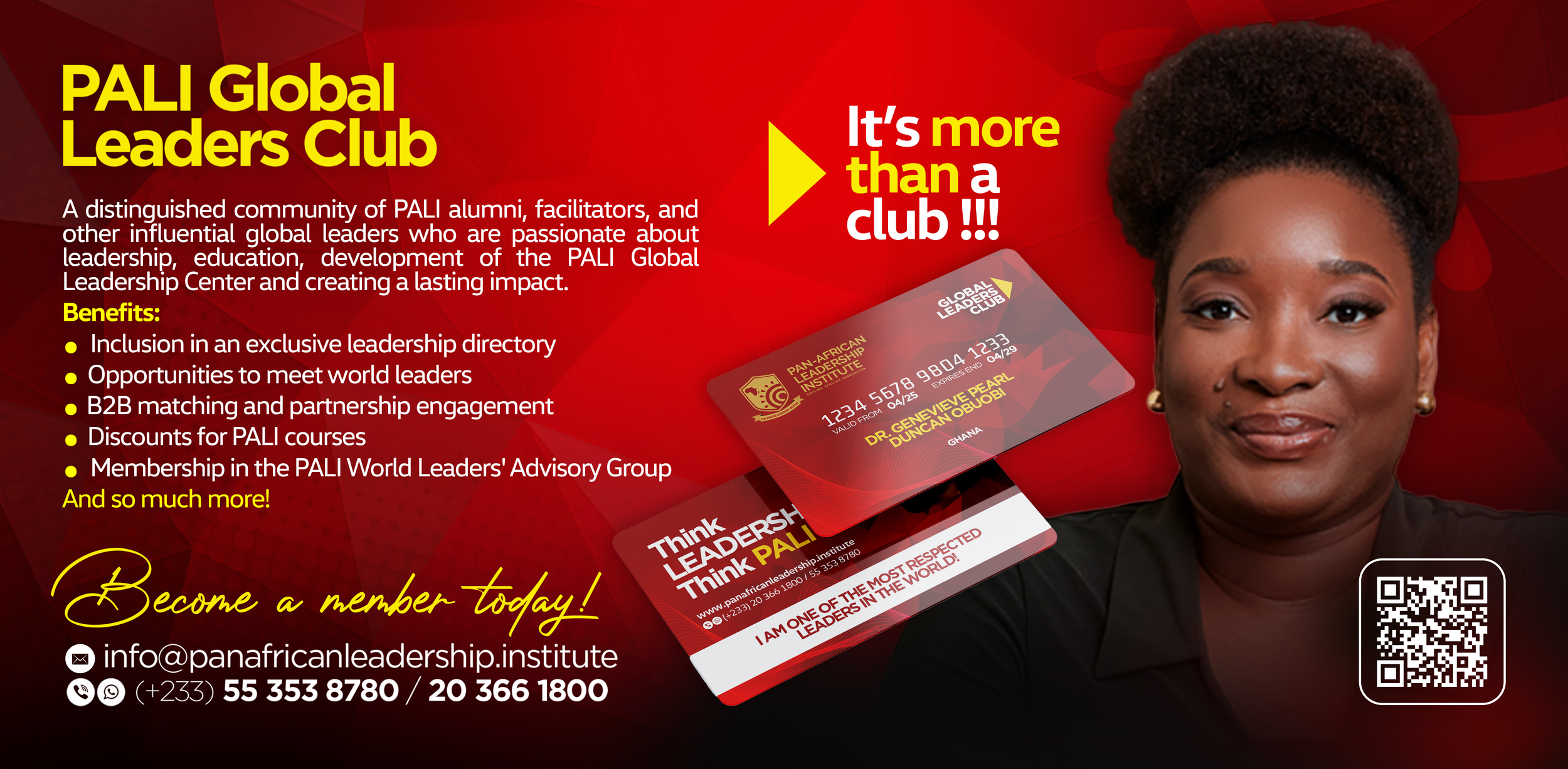 Promotional graphic for PALI Global Leaders Club featuring a woman with natural curly hair, a mock membership card, and red background with yellow and white text highlighting benefits and contact information.