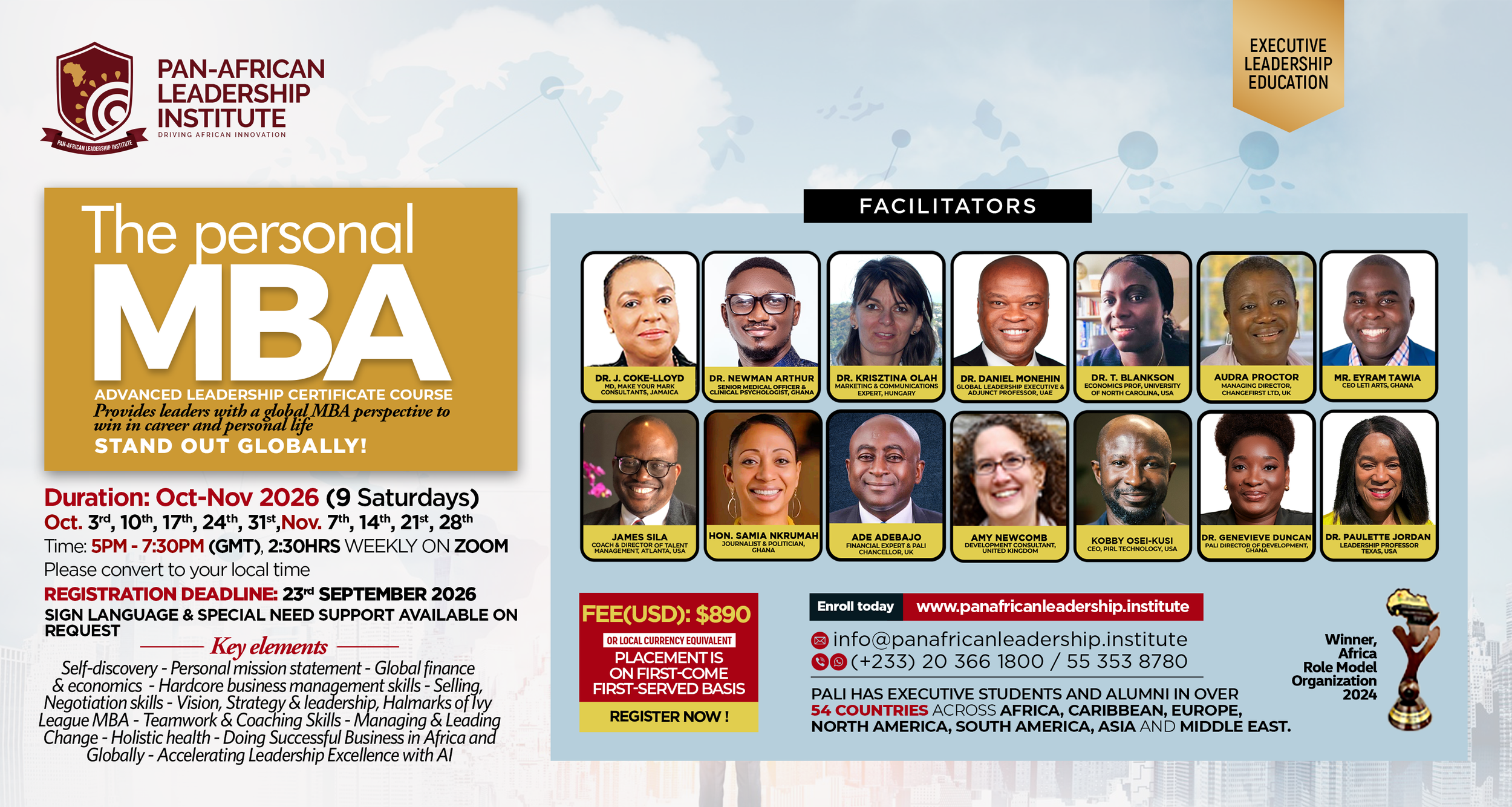 Promotional flyer for the Pan-African Leadership Institute's MBA advanced leadership certificate course, highlighting facilitators, key elements, program duration, schedule, registration details, fees, and contact information.