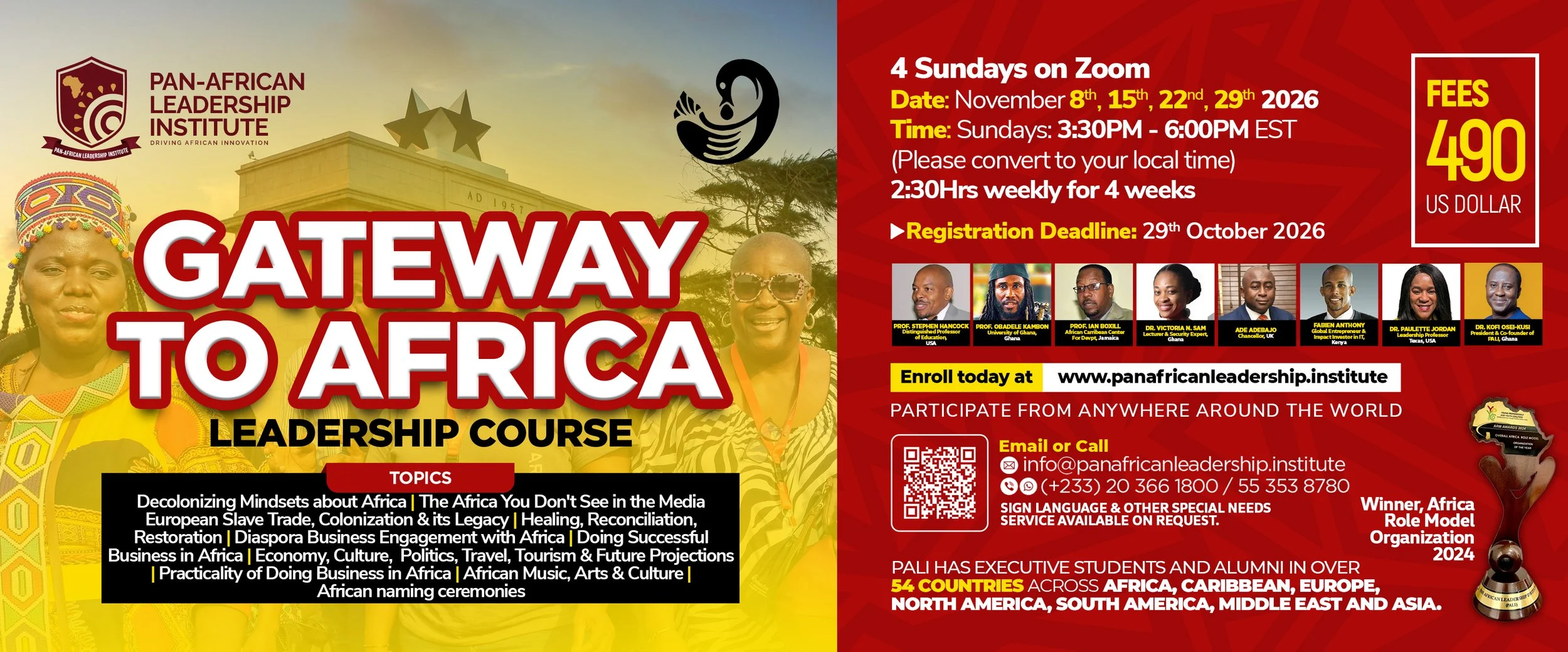 Colorful promotional poster for the Pan-African Leadership Institute advertising a leadership course called 'Gateway to Africa' with dates, fees, topics, and speakers, featuring images of diverse African individuals and symbols of Africa and leadership.