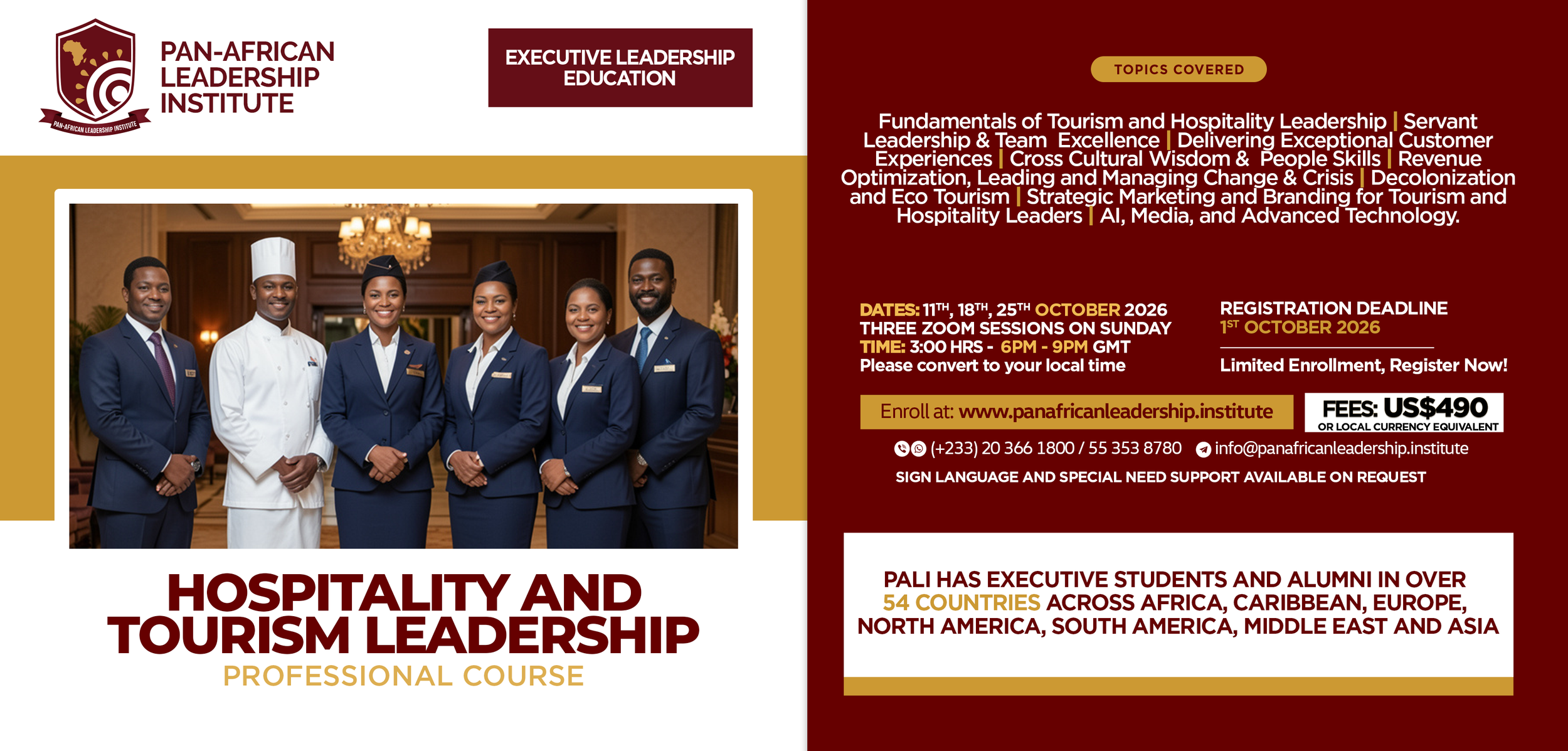 A promotional flyer for the Pan-African Leadership Institute's hospitality and tourism leadership professional course. The flyer features a group photo of six professionals in formal attire, including a chef, standing inside a hotel or conference setting. The flyer includes course dates, registration info, fees, and topics covered.