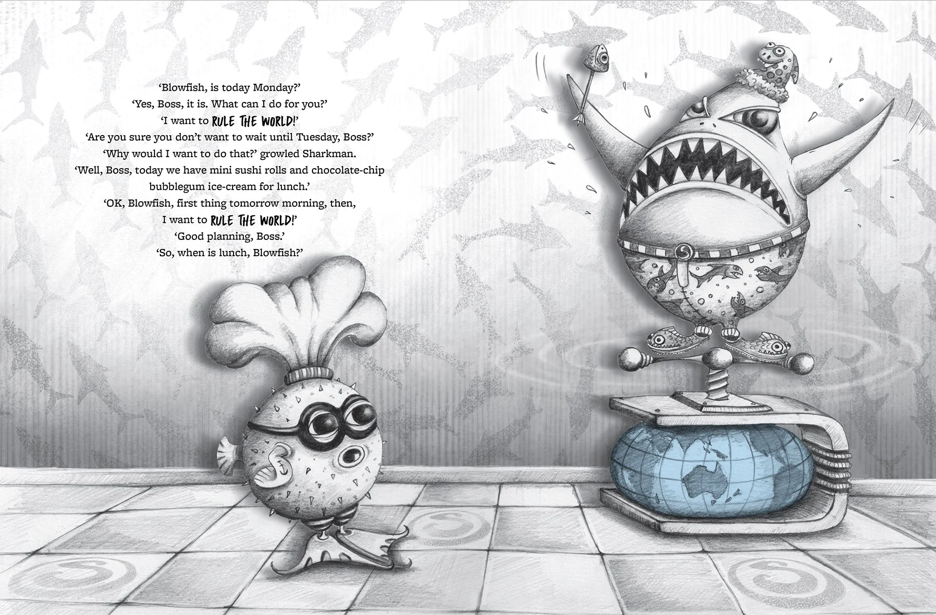 Sharkman & Blowfish - World Domination. A graphic novel by David Woodland published by Berbay Publishing.
