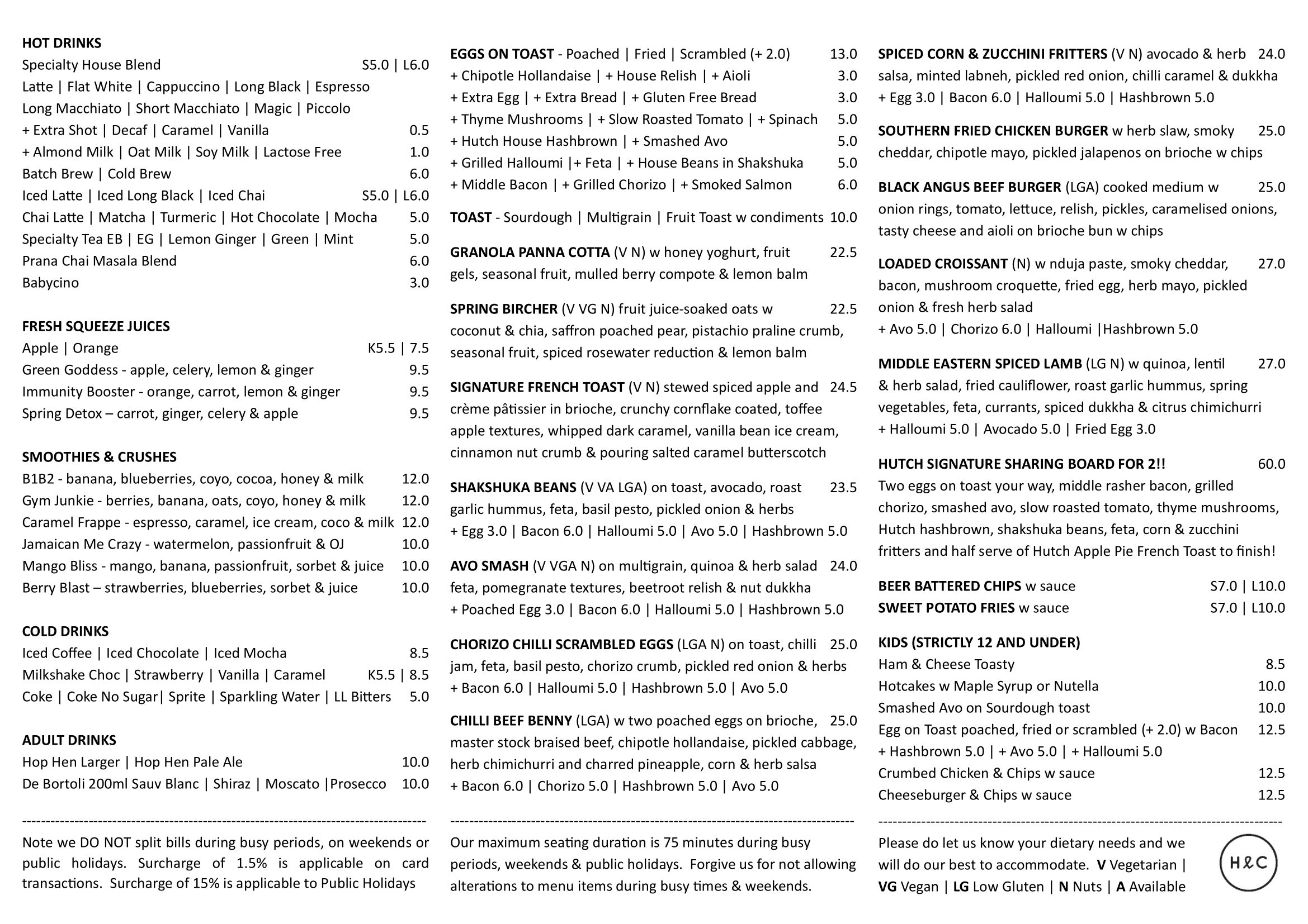 Menu — Hutch and Co