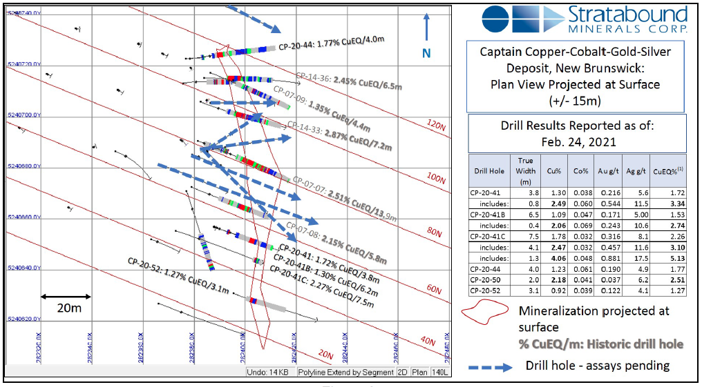 Figure 2. Recent and historic drill results within 15m of surface. All widths posted are true widths.
