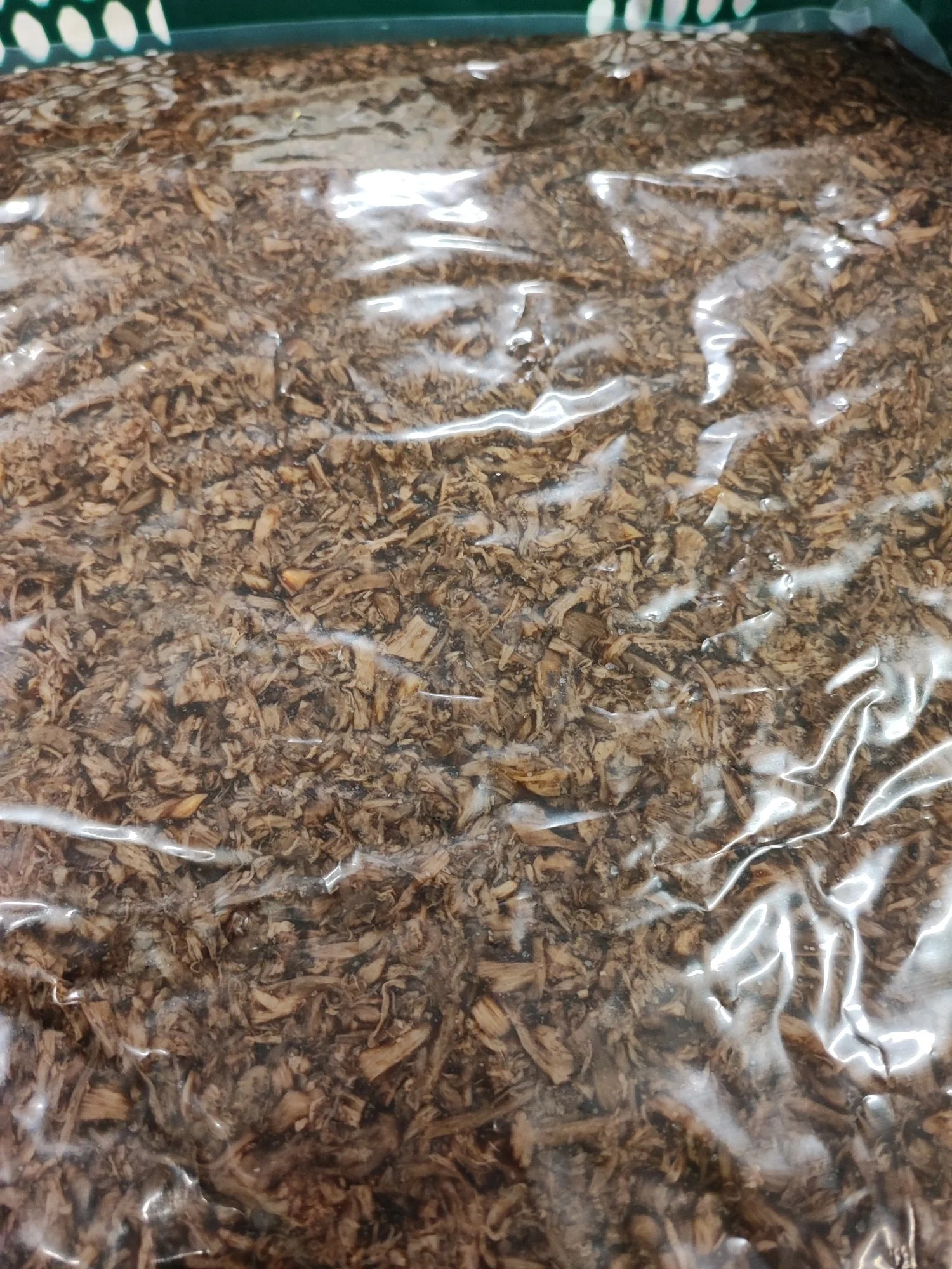 Sous-vide gegaarde oesterzwam steeltjes gehakt in vacuümzak