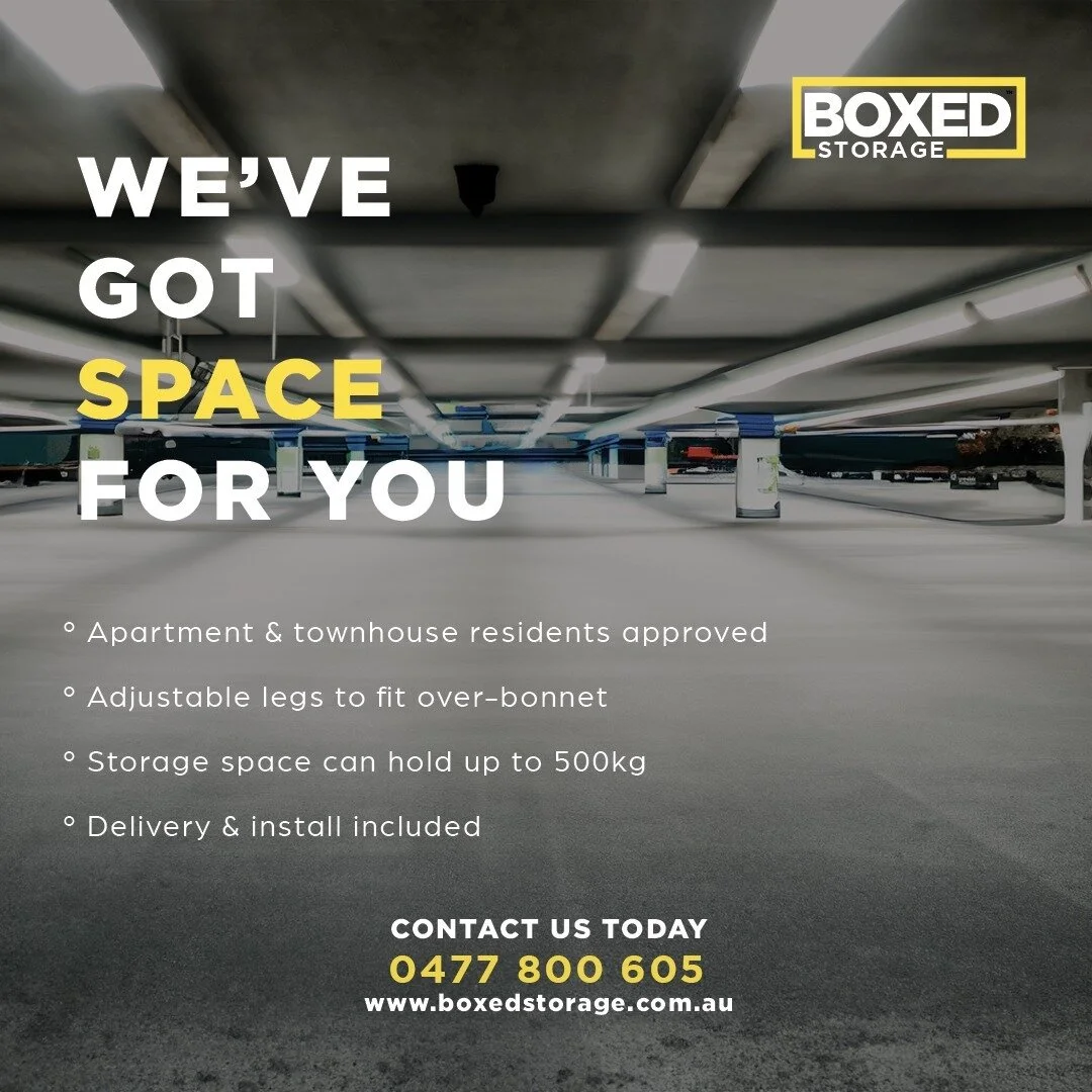 Don't let clutter take over your living space. Boxed Storage has the perfect solution for you with our adjustable legs, over-bonnet fit, and delivery/installation services included, perfectly stored in your carpark space. Call us at 0477 οΏ½800 605 or
