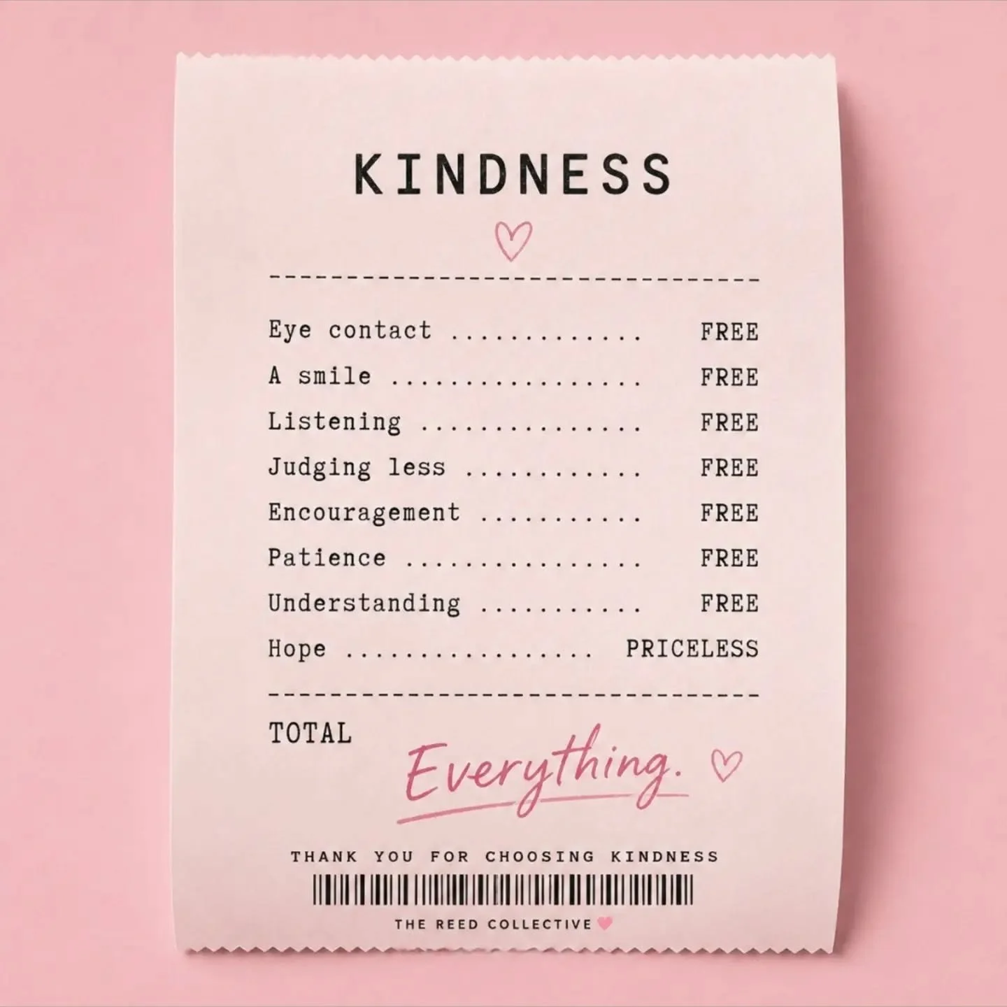 If your day came with a receipt... what would be on it?

We often measure our days by what we bought, what we achieved or how busy we were.
But what if we measured them differently?

A smile shared. A stranger acknowledged. A door held open. A conver