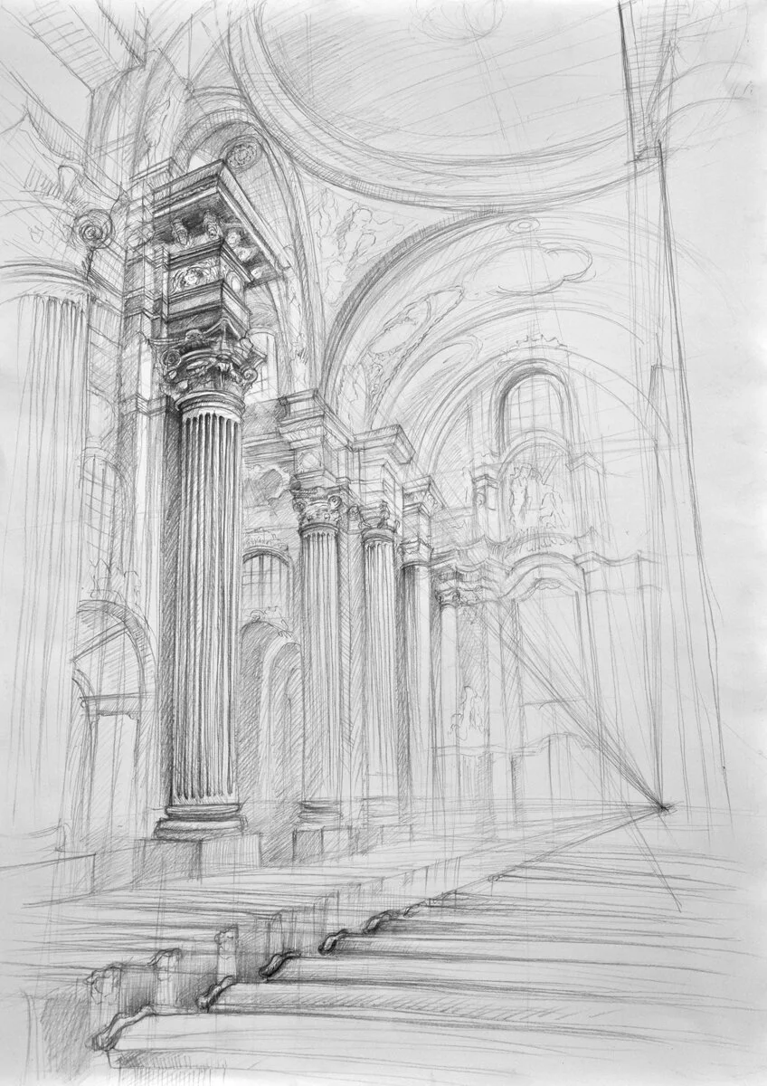 Study of Baroque Church Interior in Fara Poznańska, 2016, 70x50 cm pencil on white bristol 120 g/m2 by Natalia Wyrwa RysunekArchitektura, Poznań, Poland