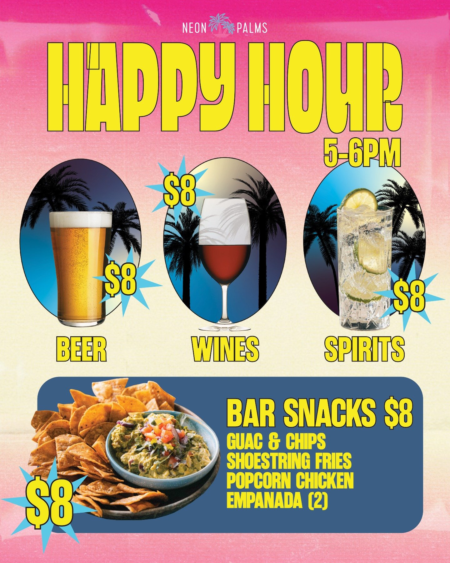 💸 $8 happy hour era is upon us.

5 to 6pm. Every day. 🌴