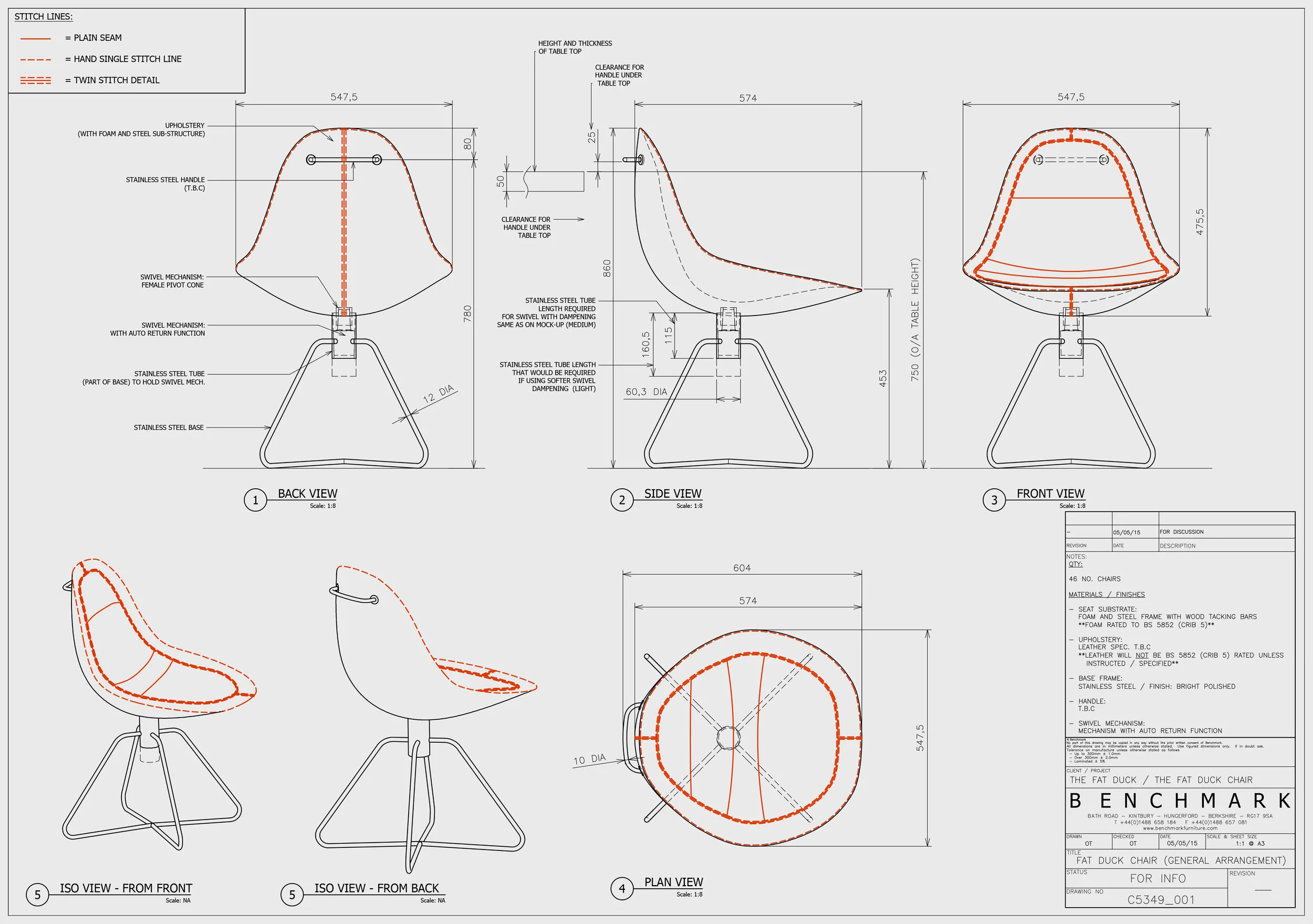 Drawing for the Fat Duck chair, highlighting key stitch details (please click image for details)