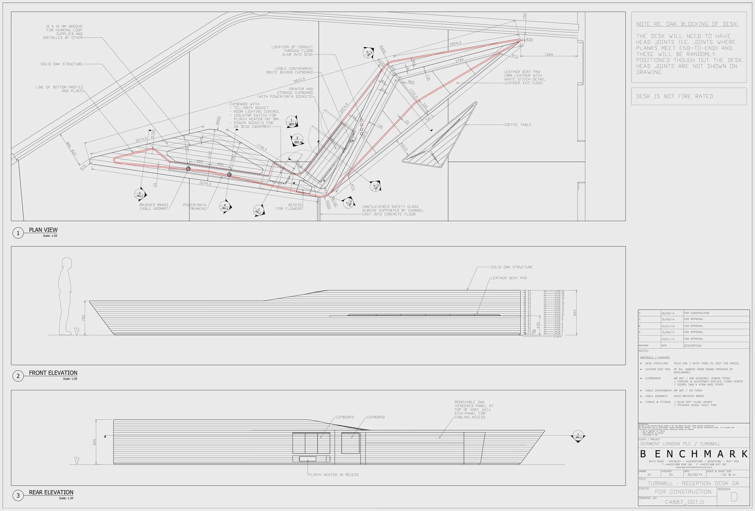 Reception desk for the Turnmill building in London, drawn in 2D AutoCAD from the 3D model