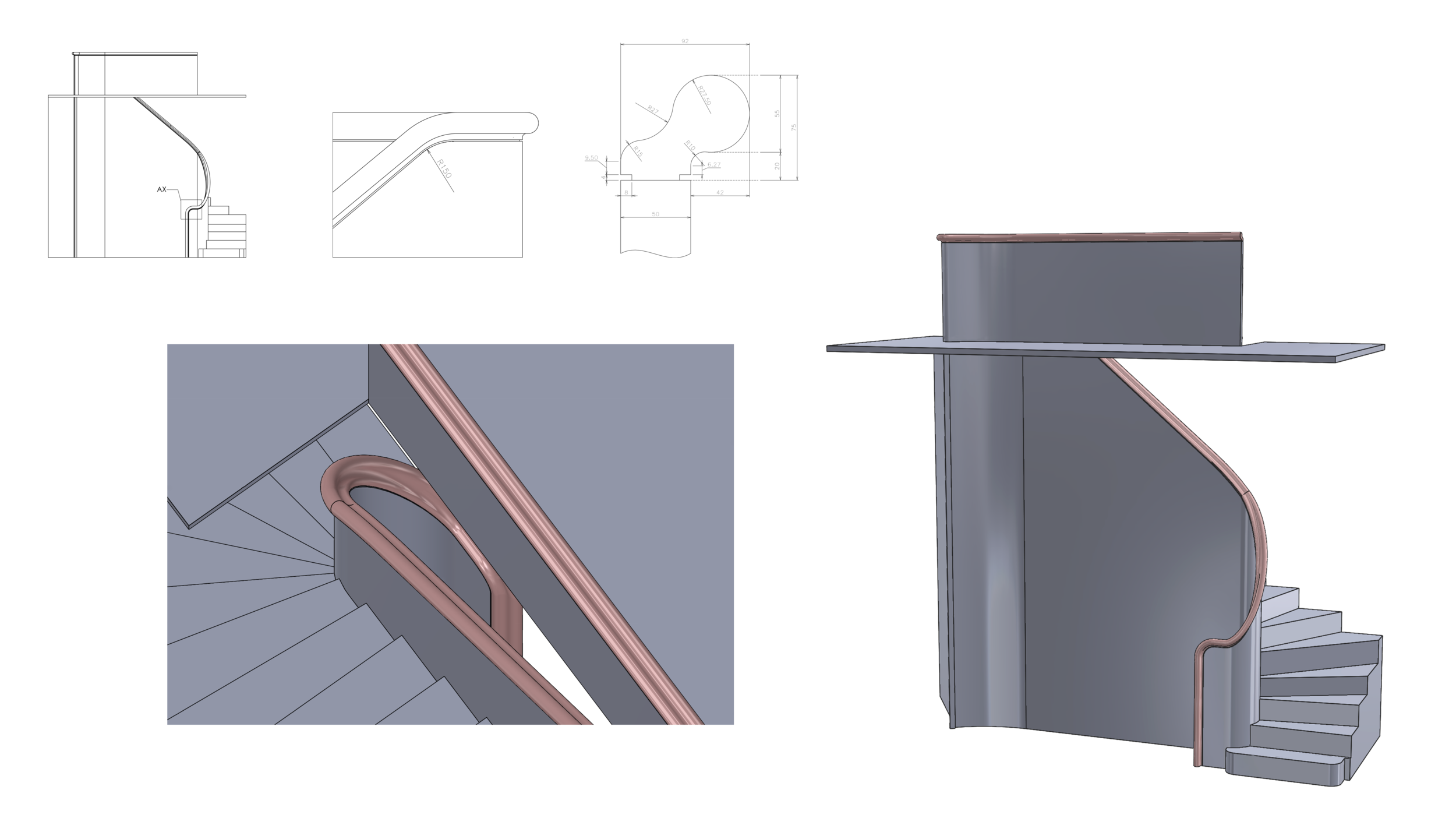 A handrail concept for Norman Foster, modelled in Solidworks