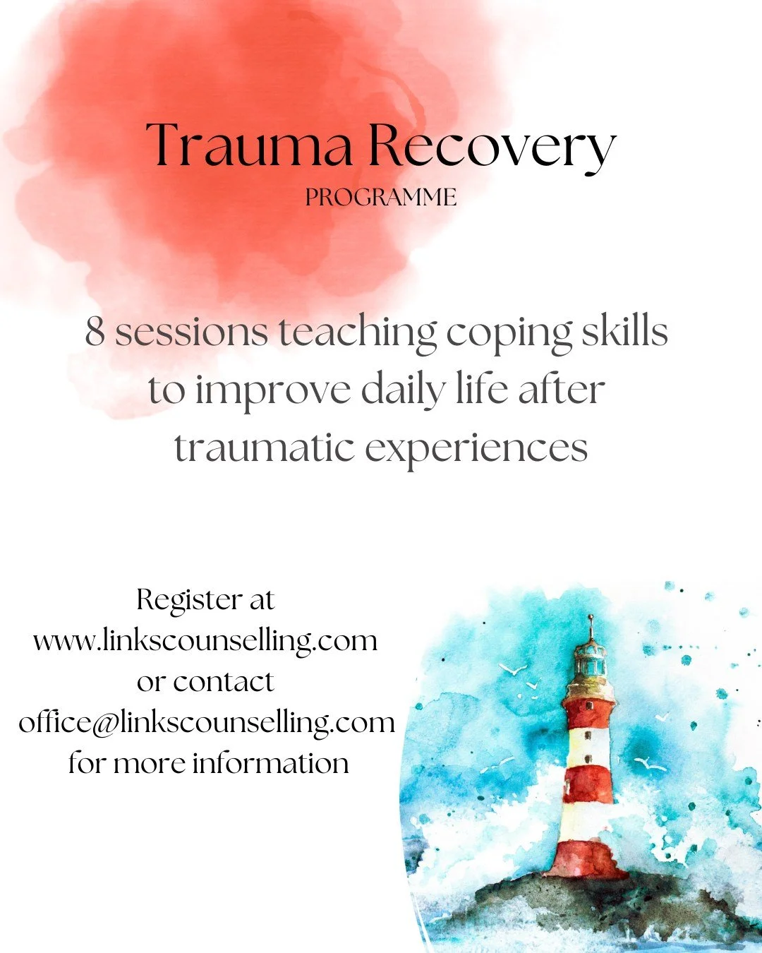 We will be running a number of Trauma Recovery group programmes across several Links sites. You would be so welcome!🌿

Lisburn
Tuesdays, starting 17th February, 9.30-11am

Coleraine
Wednesdays, starting 25th February, 10.30-12pm

Cookstown
Tuesdays,