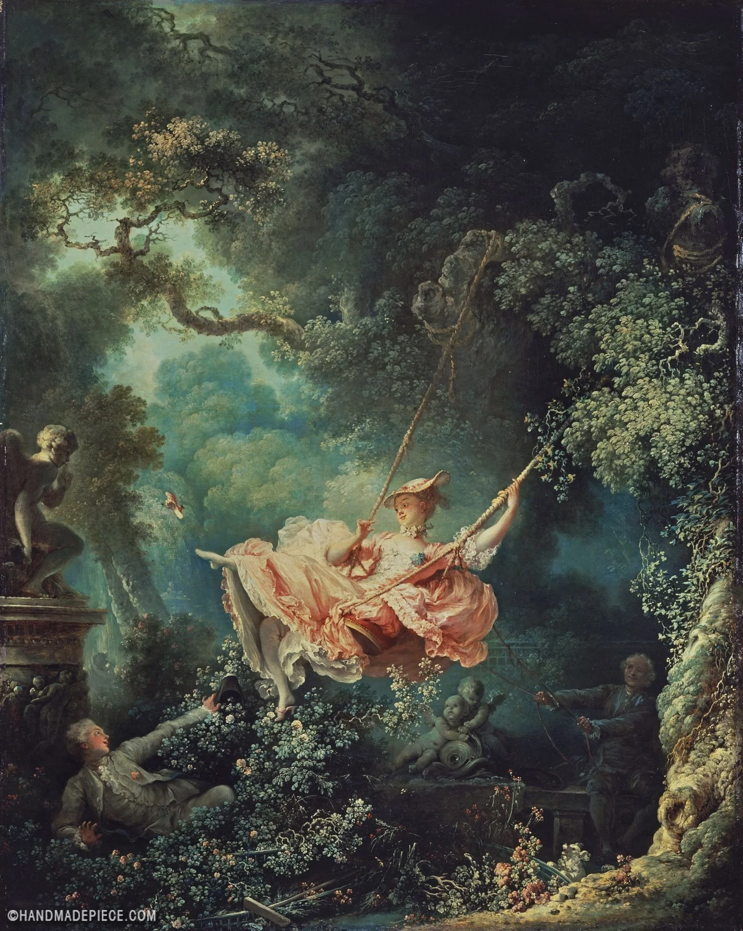 Girl swinging in the middle of the woods, rococo style. Title: The Swing