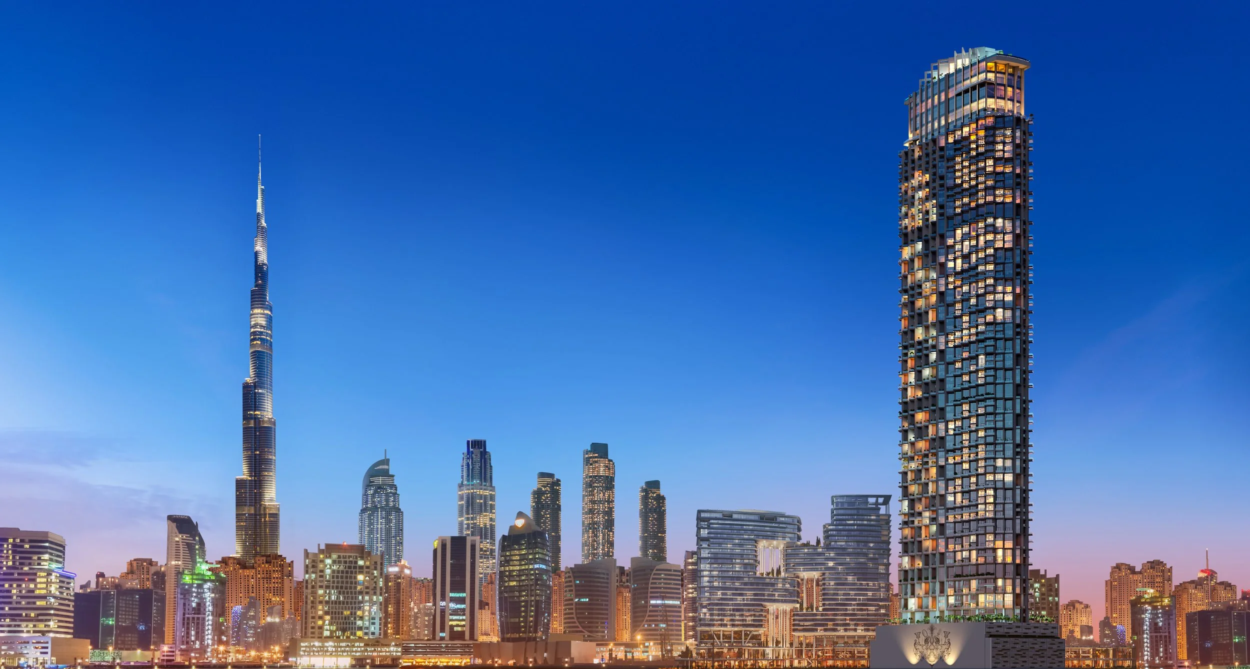 Dubai's skyline with the Burj Khalifa building and the SLS hotel