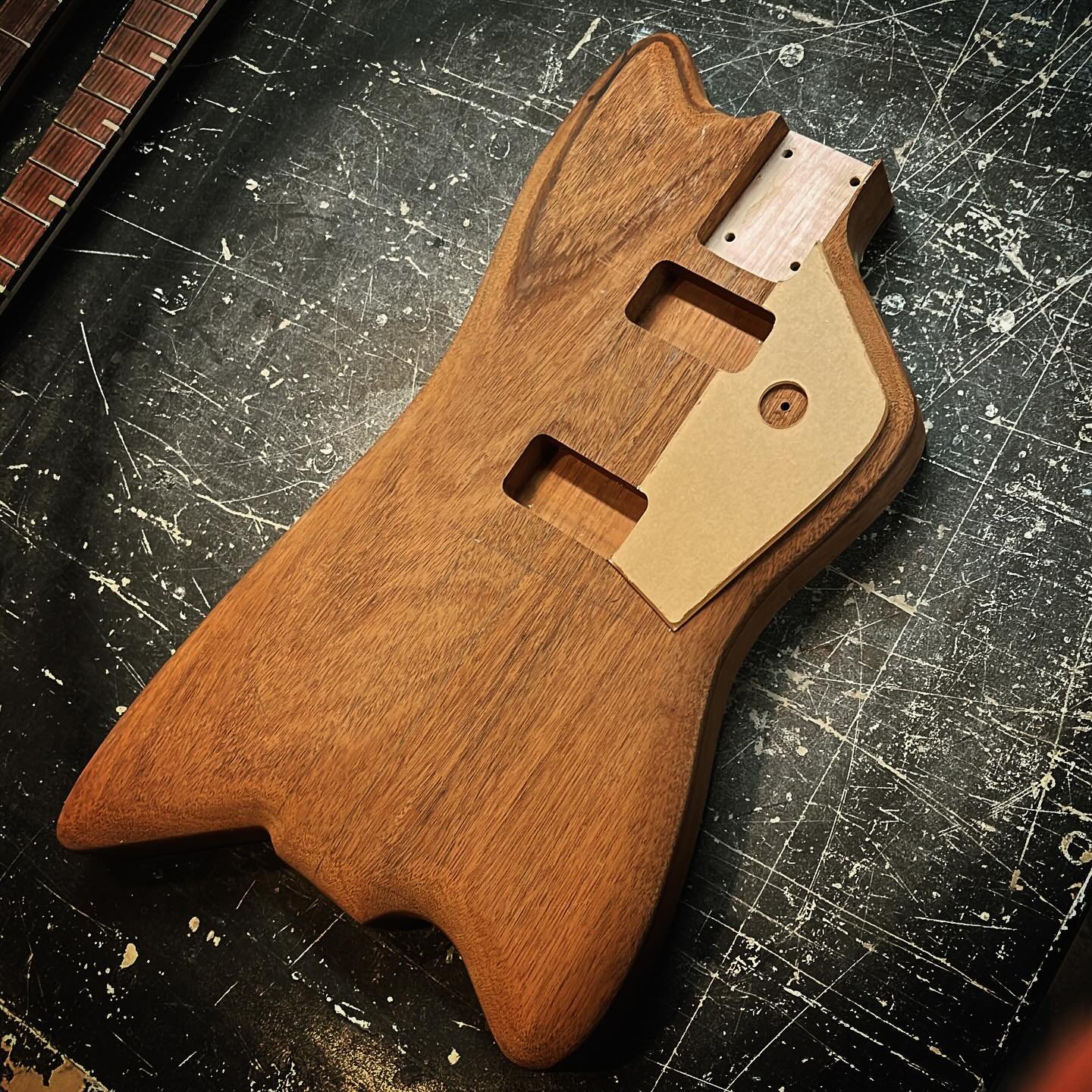 Making a pickguard for No.37, the &ldquo;Jed-Bo&rdquo;. Locating the peek-a-boo volume knob took a little doing. 

This Jupiter Thunderbird homage will be aged Pelham Blue and the pickguard is clear acrylic which I&rsquo;m thinking I&rsquo;ll back-pa