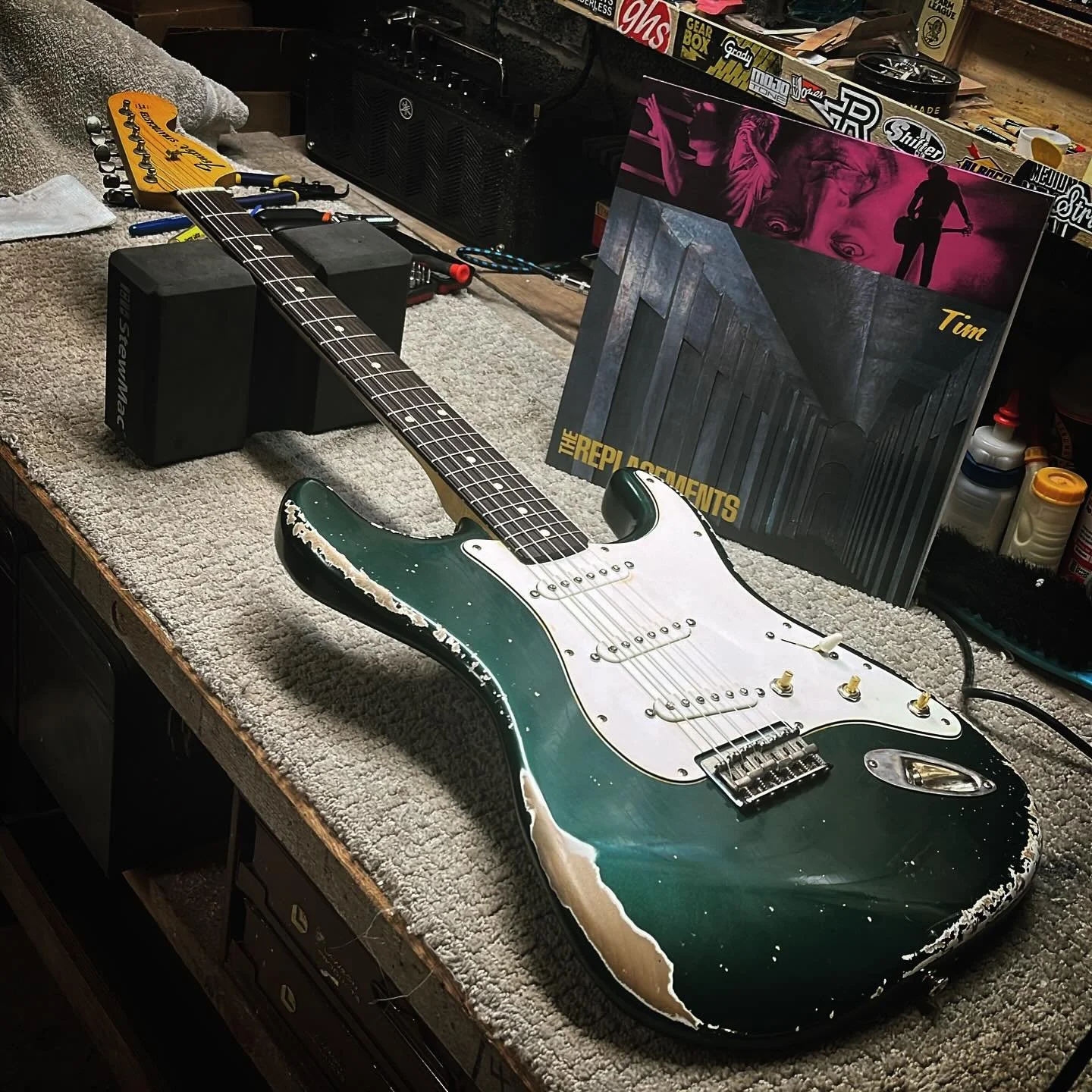 Working on the partscaster Strat and it&rsquo;s really getting good. It was already super resonant ringing out loud acoustically; always a good sign. Now re-wired with @emersoncustom pre-wired harness and Porter S90 pickups. It&rsquo;s really got a t