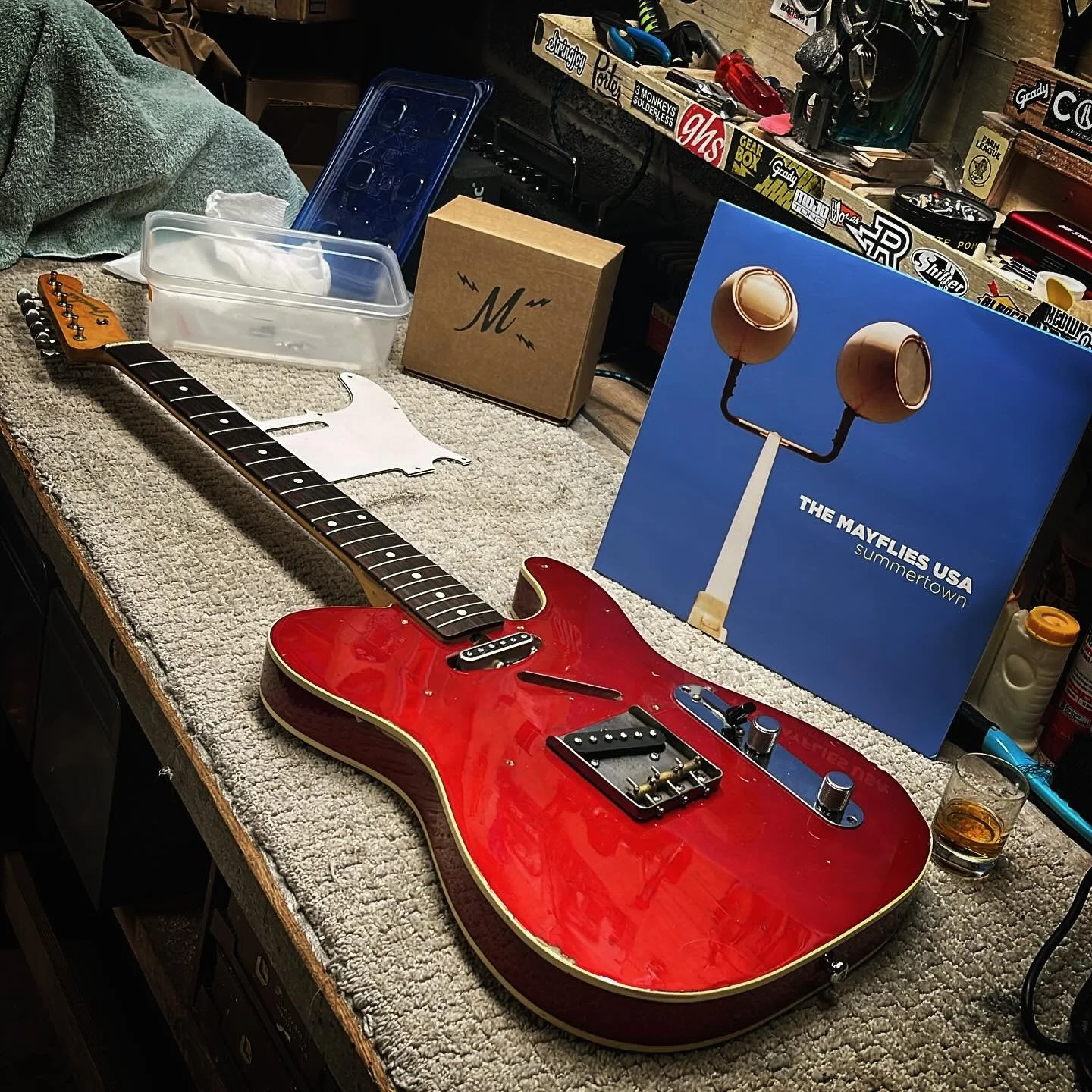 Swapping out pickups on my MIJ &lsquo;62 Tele Customer from 1989 I think. Maybe &lsquo;87?  I don&rsquo;t feel like pulling the neck off to check but is late &lsquo;80s. These are super cool guitars and the Candy Apple Red is striking with the double