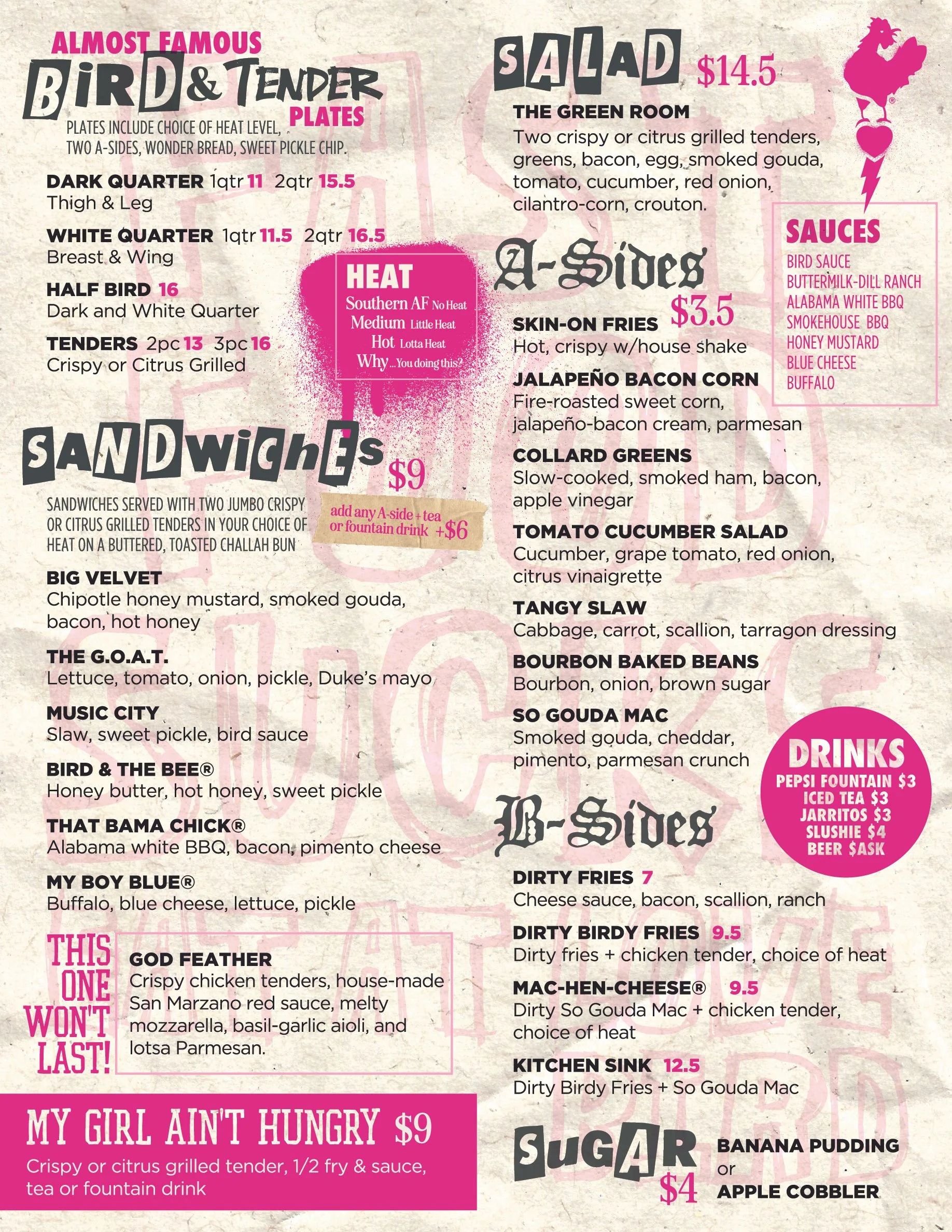 Part of a menu featuring various food and drink options, including chicken tenders, salads, sandwiches, sides, and desserts with prices listed.