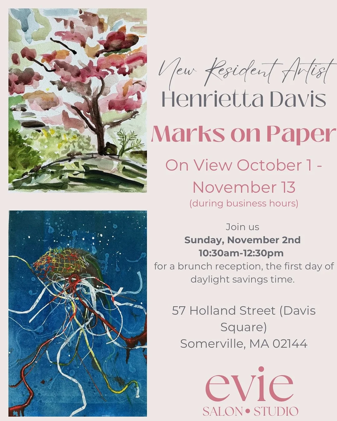 We are so excited to announce Henrietta Davis&rsquo; &ldquo;Marks on Paper&rdquo; on view now! Her beautiful watercolors convey movement and the beauty in unconventional subjects all around us! We hope to see you at the reception on November 2 10:30-
