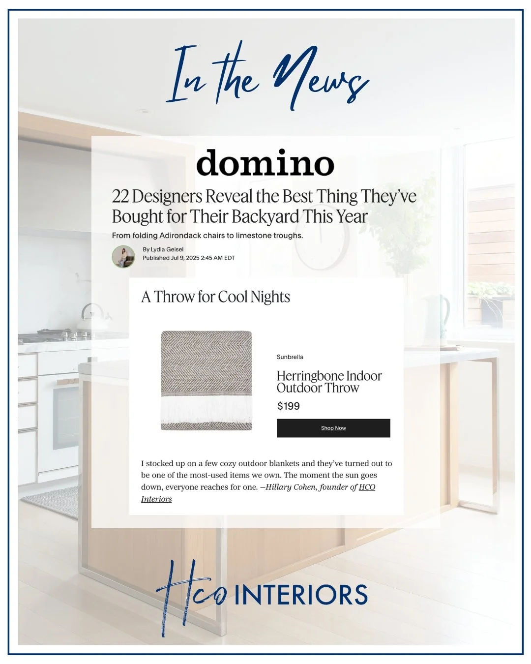 Thank you so much @domino and @lydiageisel for including me in your story about the best thing I&rsquo;ve bought for my backyard. As a family that loves to be outside, we love bringing some creature comforts outdoors! 

#hcointeriors #inthepress #pre
