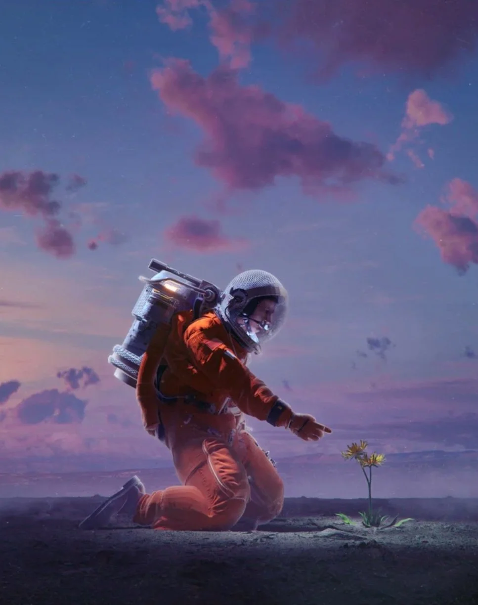 An astronaut in an orange suit kneeling on the ground, touching a small plant with yellow flowers, in a barren landscape during twilight with purple clouds in the sky.