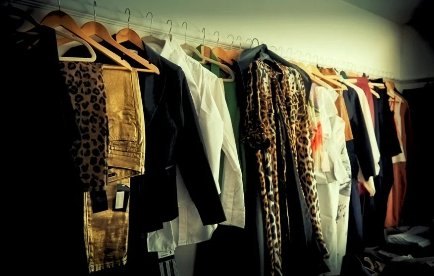 Clothes hanging on a closet rod, including jackets, shirts, and dresses, some with animal print patterns.