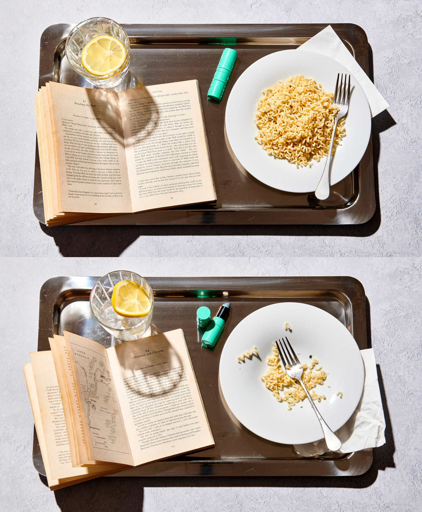 image of a tray with lunch items - before eating and after
