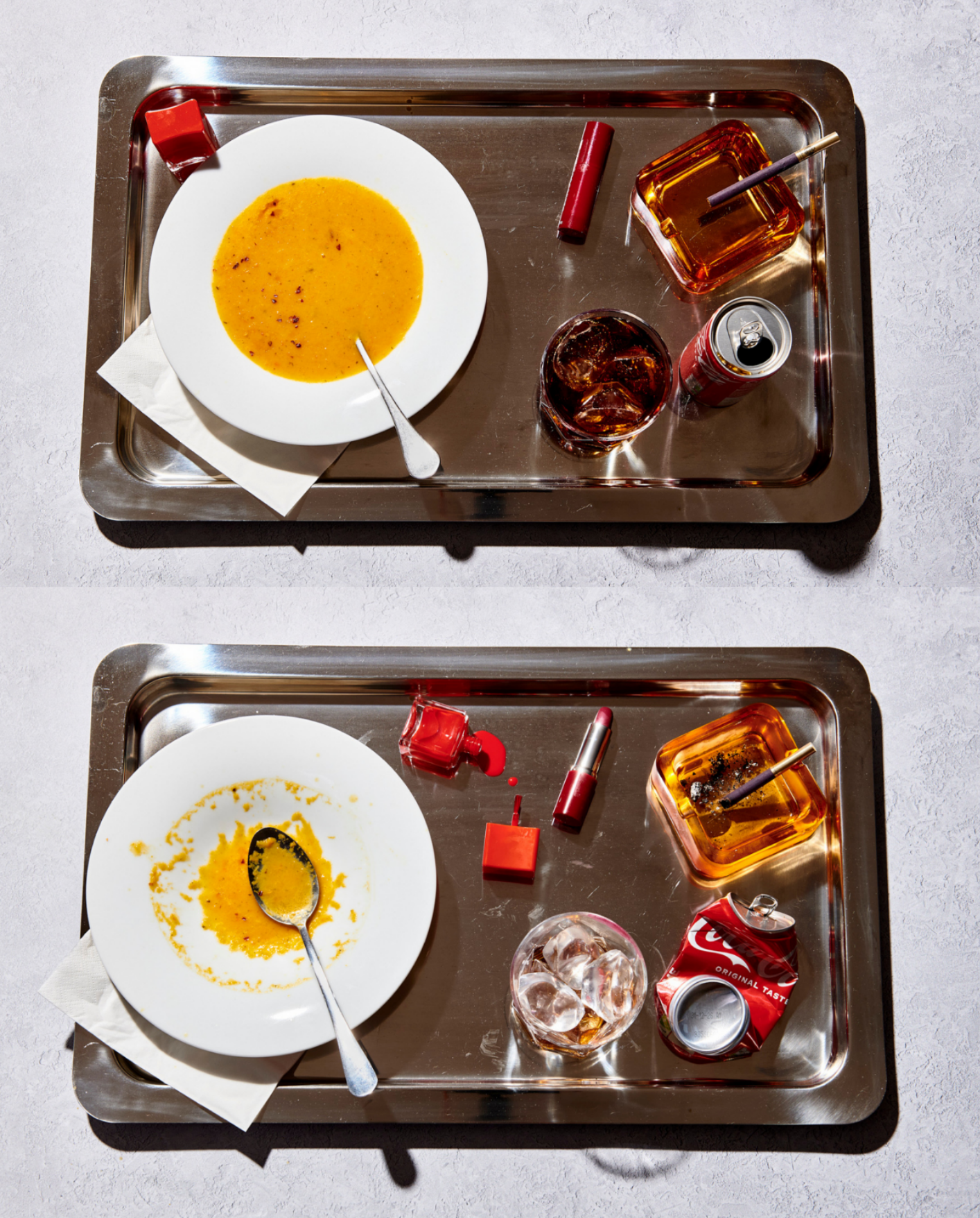 image of a tray with tea items - before eating and after