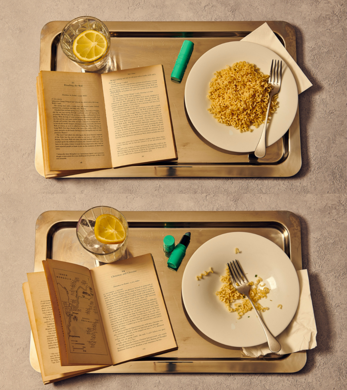 image of a tray with lunch items - before eating and after