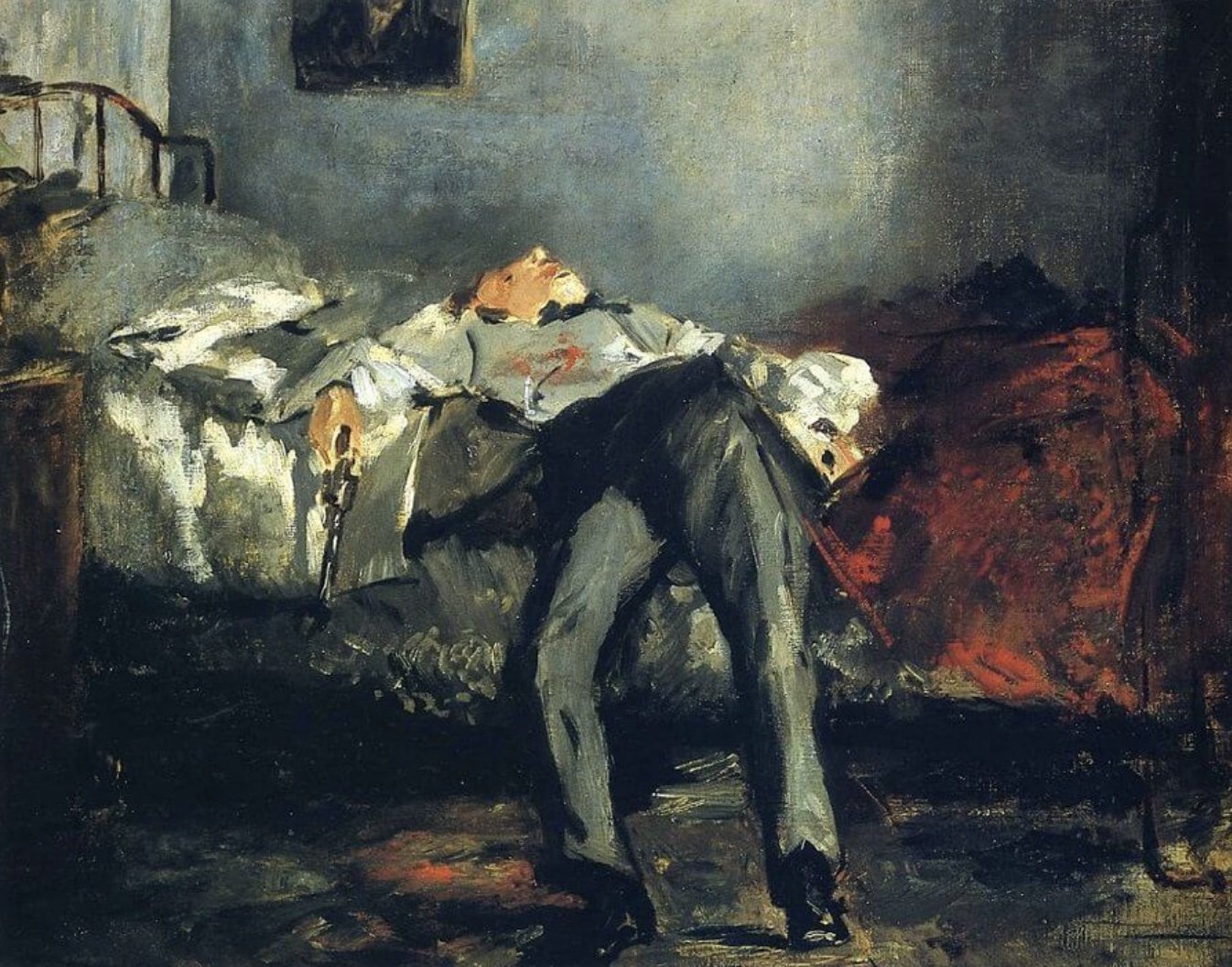 Person lying on a bed with a blanket, holding a wine glass, with another person leaning over the bed.