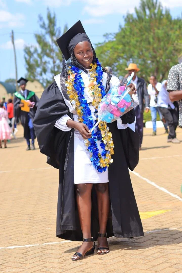 MBB Scholar Gloria's graduation photo from MMUST in Kenya. She returned to South Sudan and now has a medical internship in Juba.