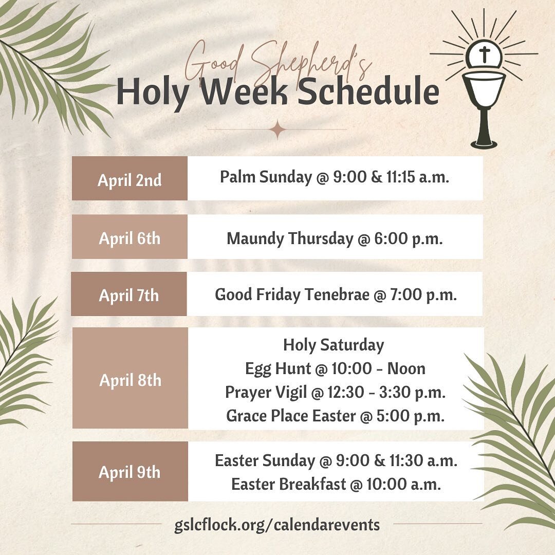 Holy Week is just around the corner, and we are preparing for the best day of the year! 
🌿🥖🍷🖤☦️🙏🏻☀️🤍✝️🙌🏻

Check out our schedule of special services and events for next week.  And don&rsquo;t forget - you&rsquo;re invited!  So grab a friend 
