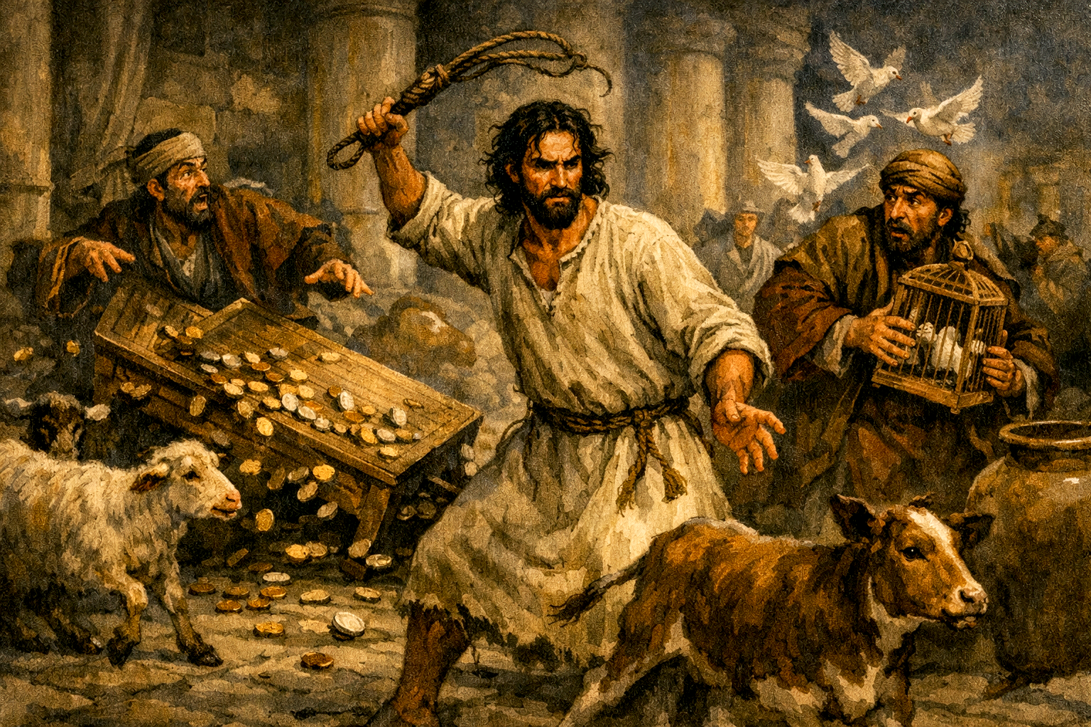 Jesús se enoja con los comerciantes en el patio del templo