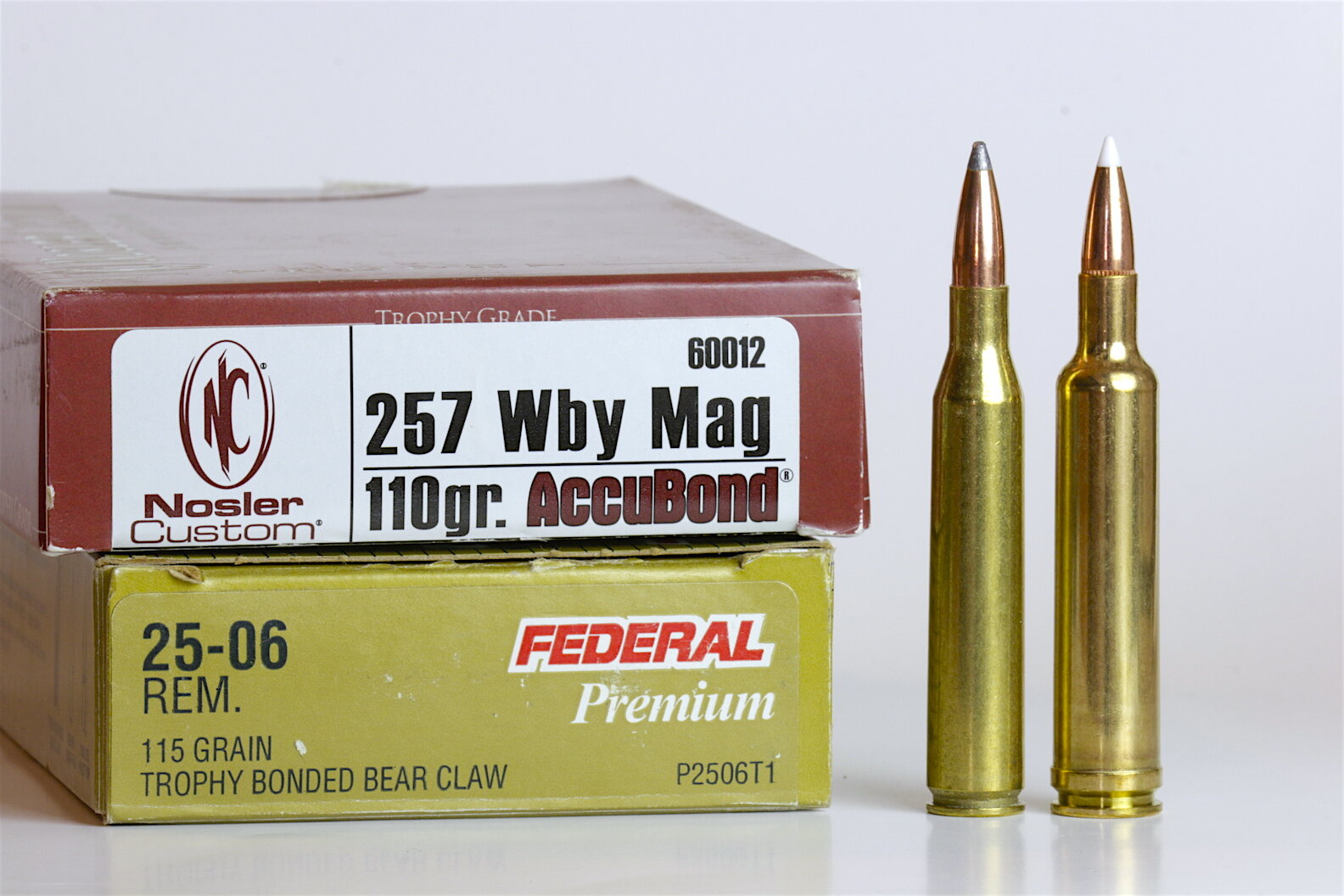 Image shows 257 Weatherby magnum and 25-06 Remington ammo. 