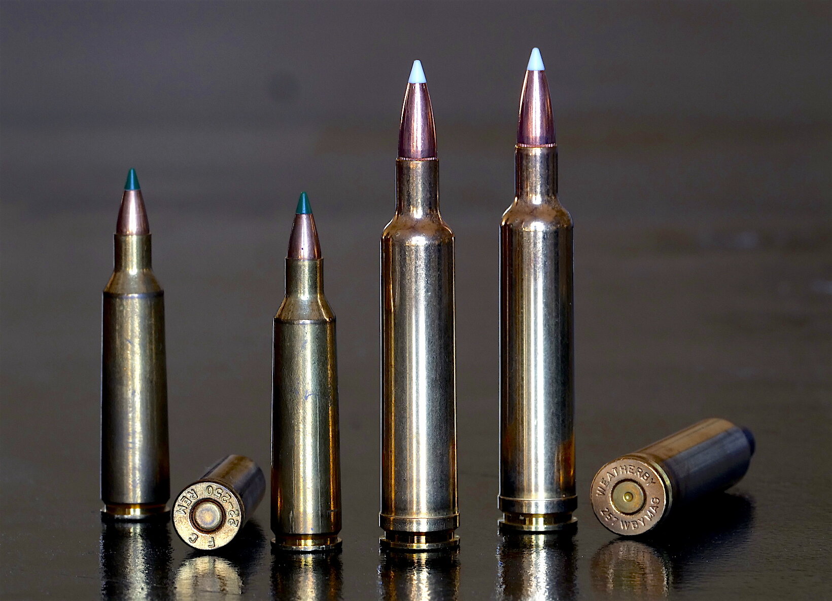 Photo shows little 22-250 Remington cartridges beside larger, belted 257 We...