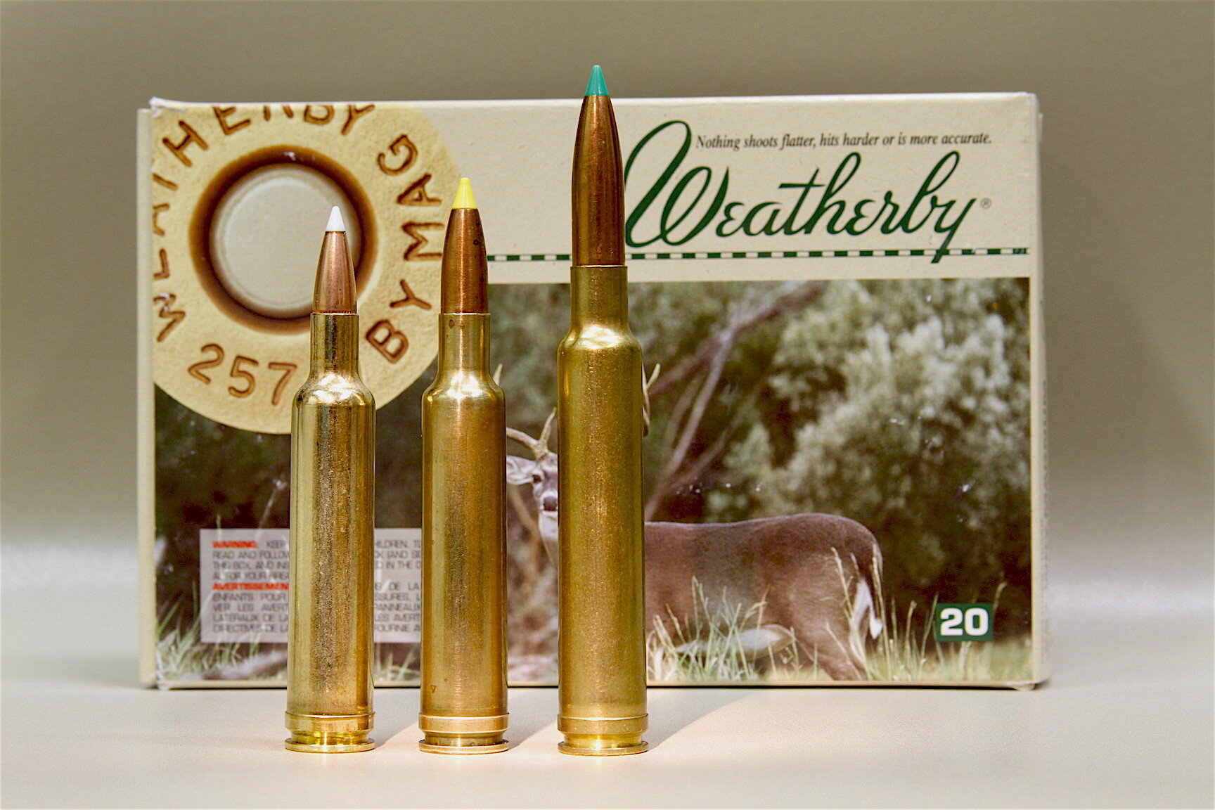 257 Weatherby magnum cartridge and box beside 270 and 300 Weatherby magnums. 