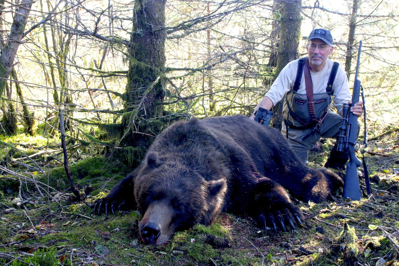 Tom Claycomb settled this AK brown bear with one 210-grain Nosler Partition from his Mossberg Patriot rifle chambered 338 Win. Mag. I’ve a hunch he could have done the same with a 225-grain from a 35 Whelen.