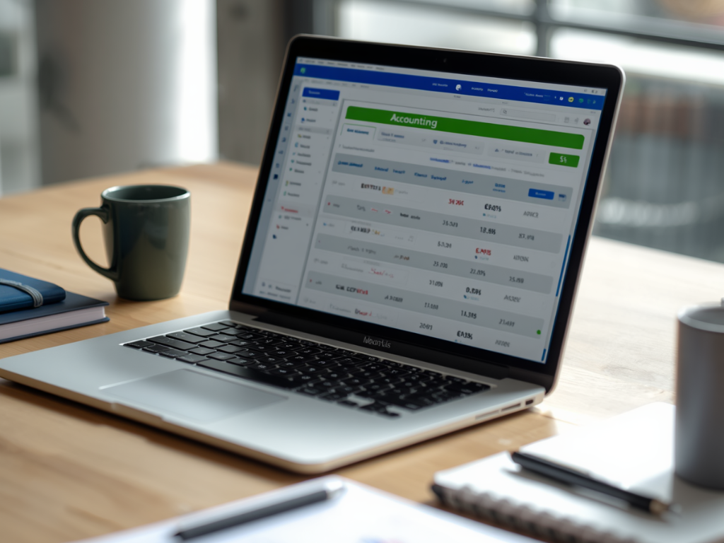 accounting software dashboard on the screen of a laptop on a desk with a green cup and stationery items