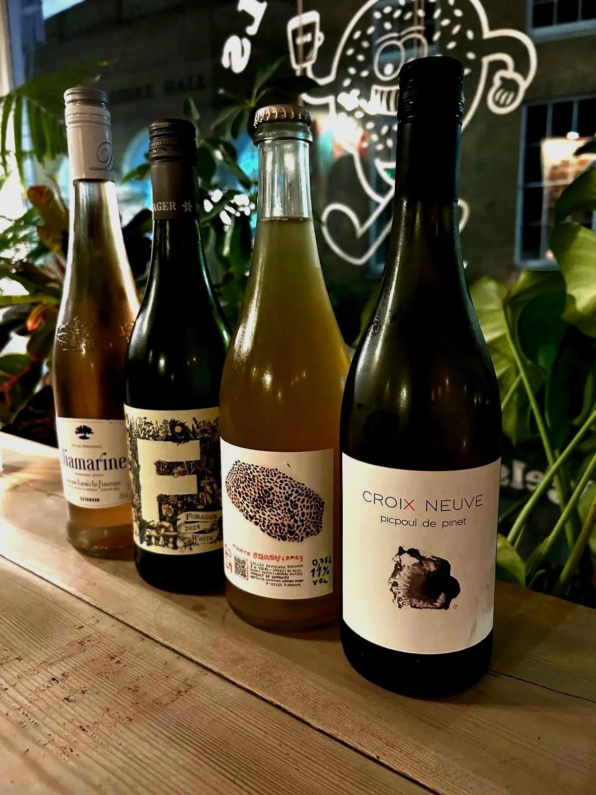 Four wine bottles lined up on a wooden surface in front of a dark wall with artistic chalk drawings and plants.