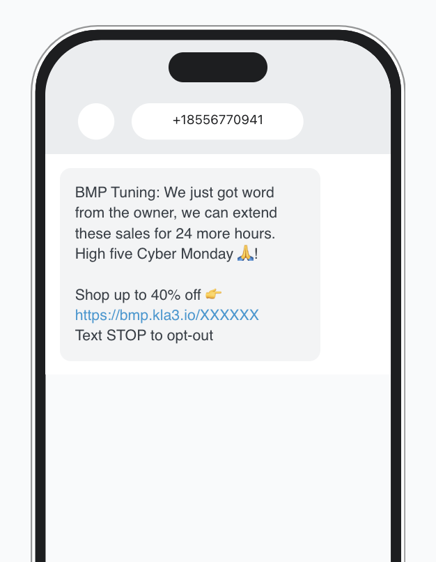 Real Blade Commerce client SMS campaign: Cyber Monday sale extension text driving 40% off orders
